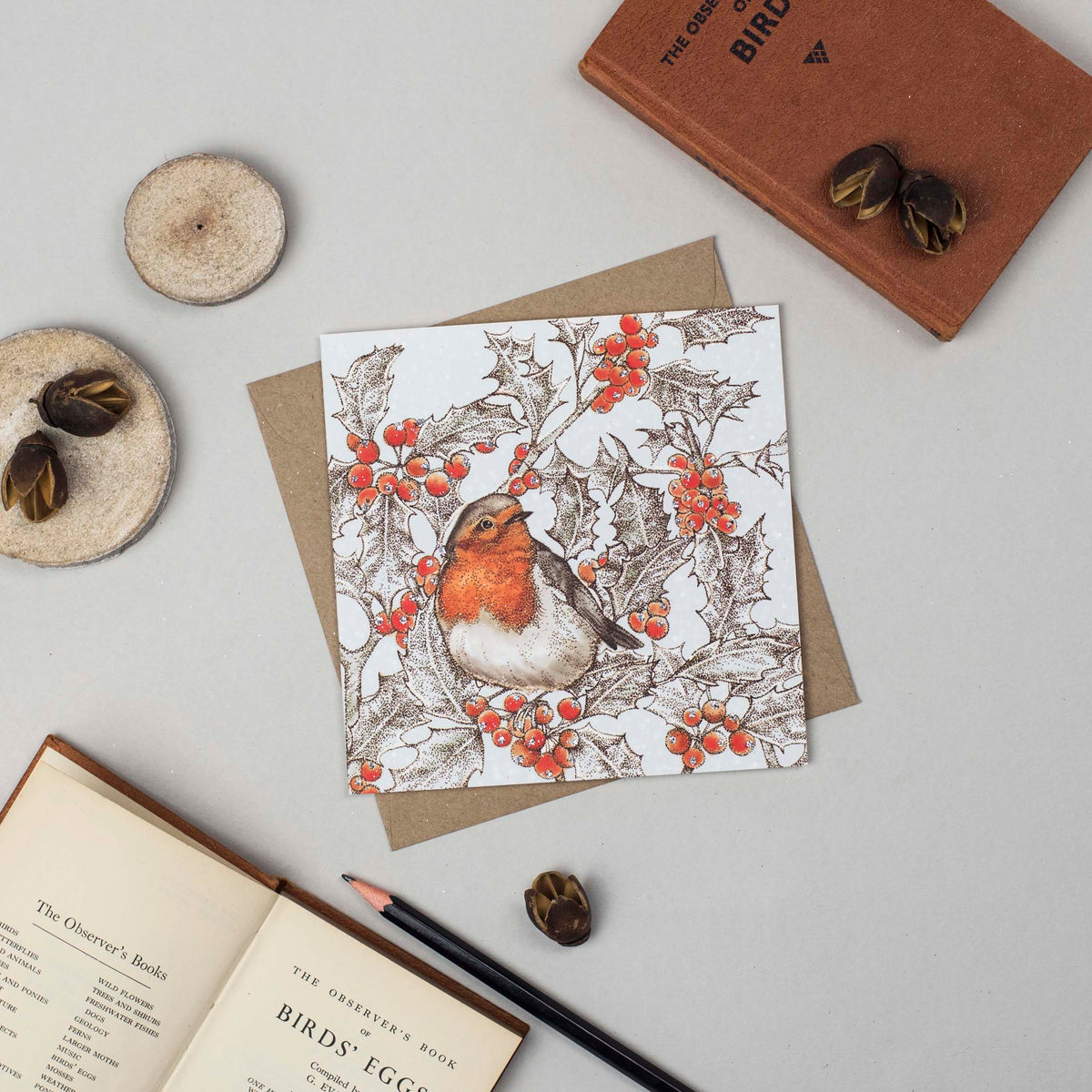 Robin Holly Hand Drawn Art Blank Christmas Greeting Card