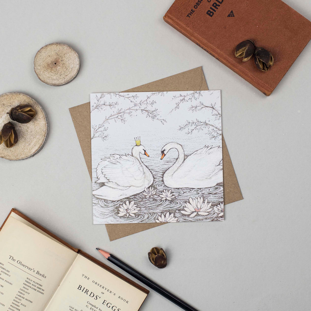Swans Crown Couple Queen Hand Drawn Blank Art Greeting Card