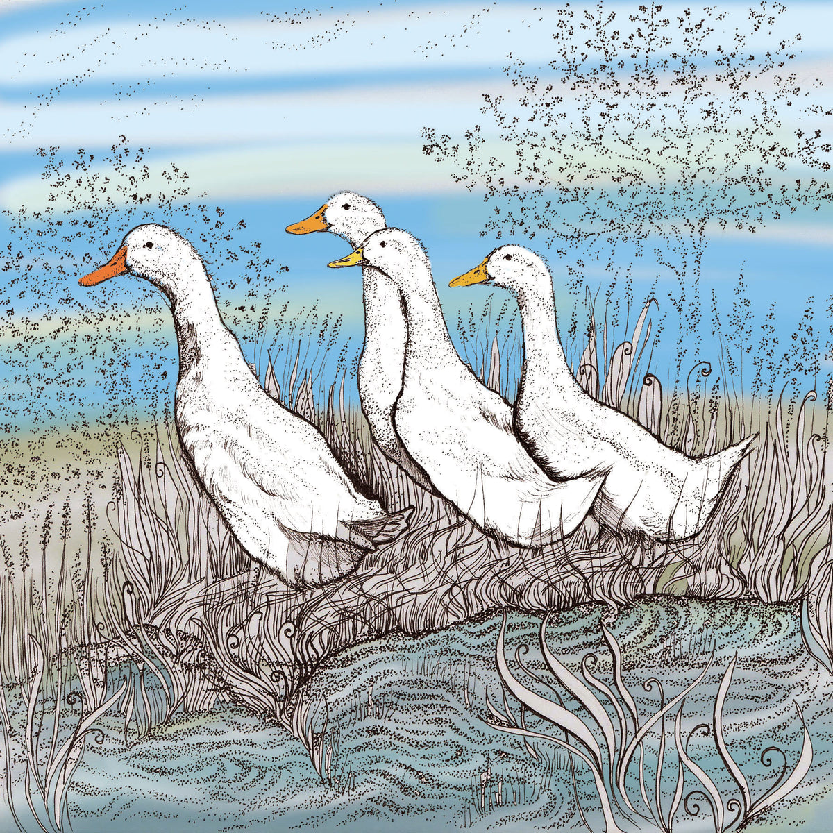 Ducks in a Row Hand Drawn Art Blank Greeting Card