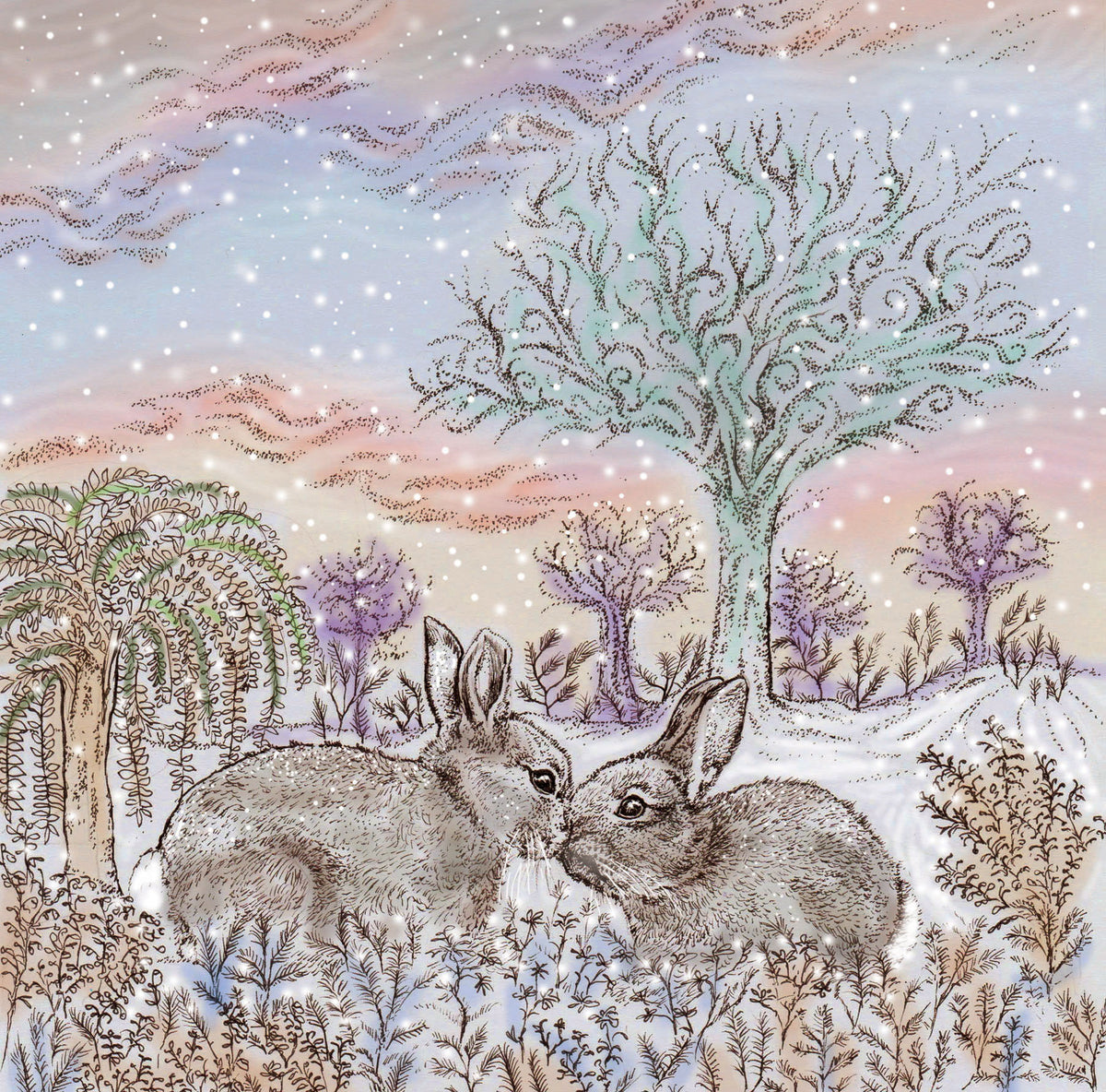 Kissing Bunnies Hand Drawn Art Blank Christmas Greeting Card