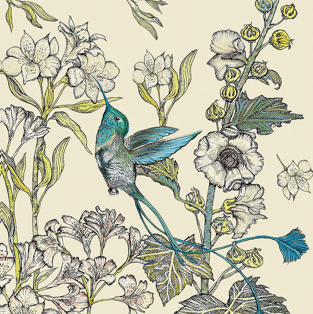 Hummingbird in Yellow Hand Drawn Art Blank Greeting Card