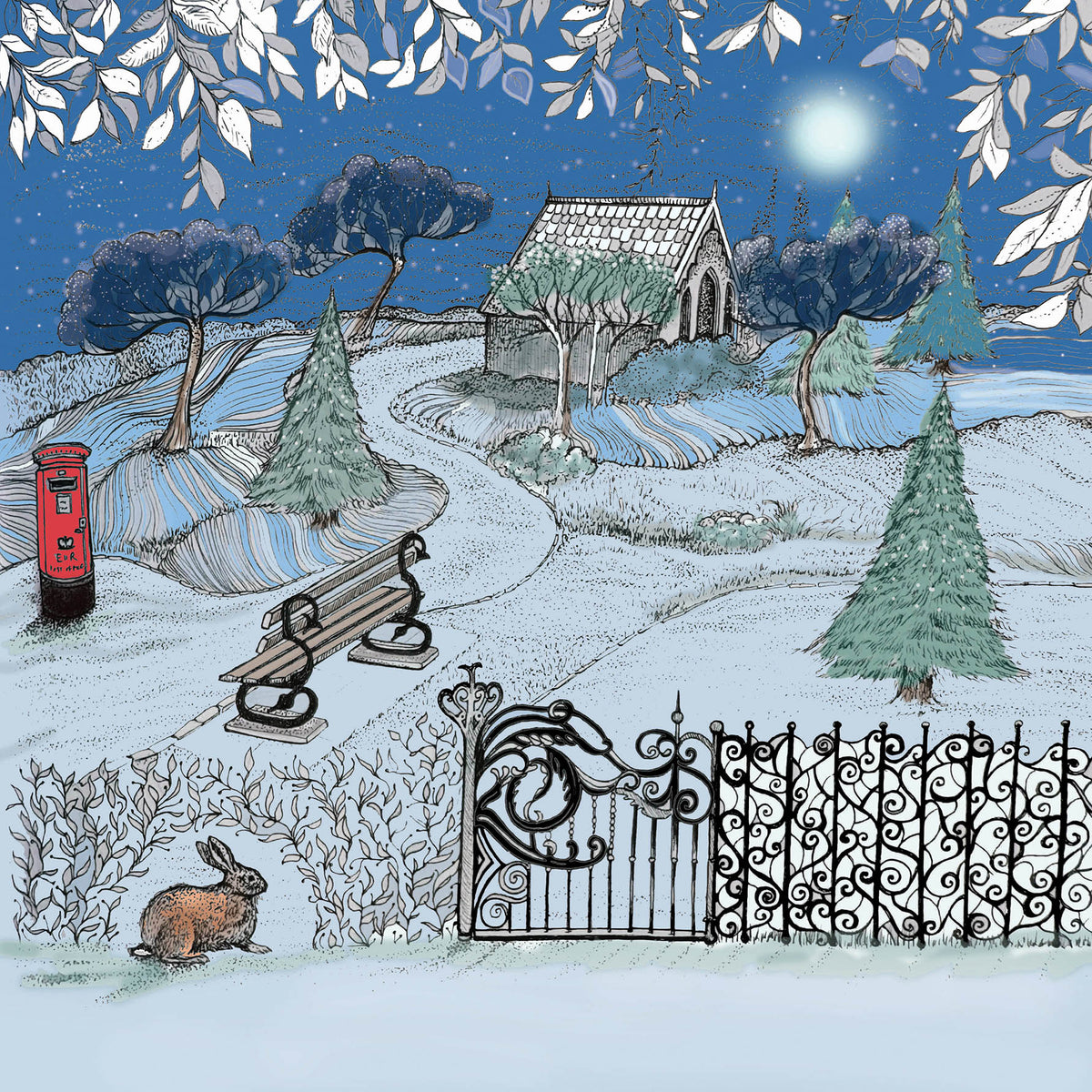 Rabbit Garden Moon Hand Drawn Christmas Blank Greeting Card