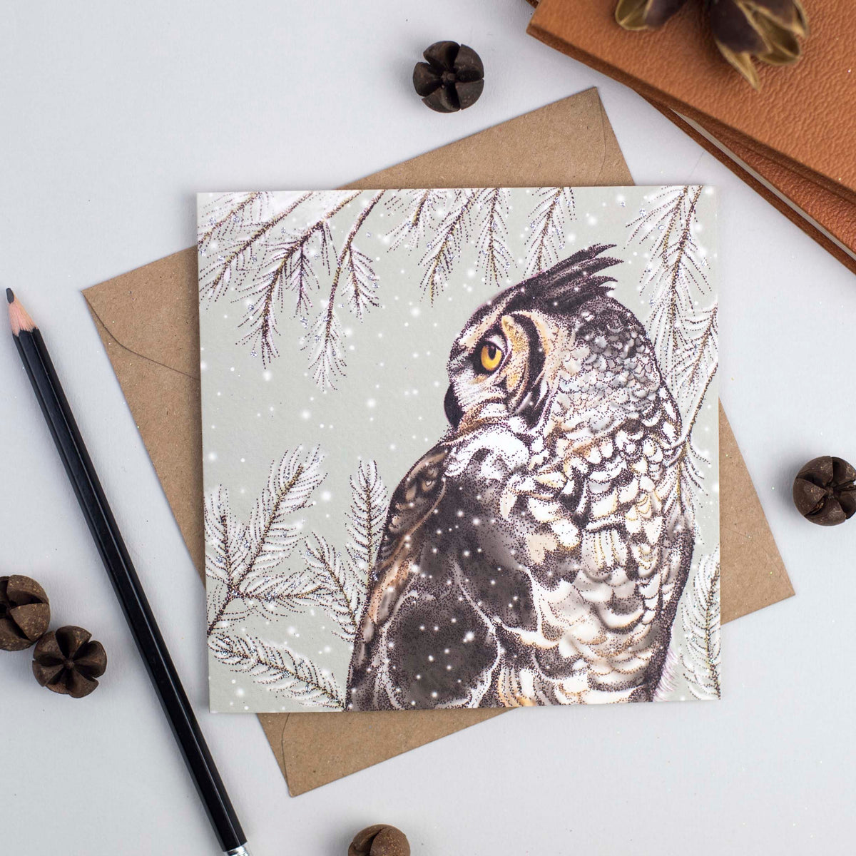 Owl Hand Drawn Bird Art Blank Winter Christmas Greeting Card