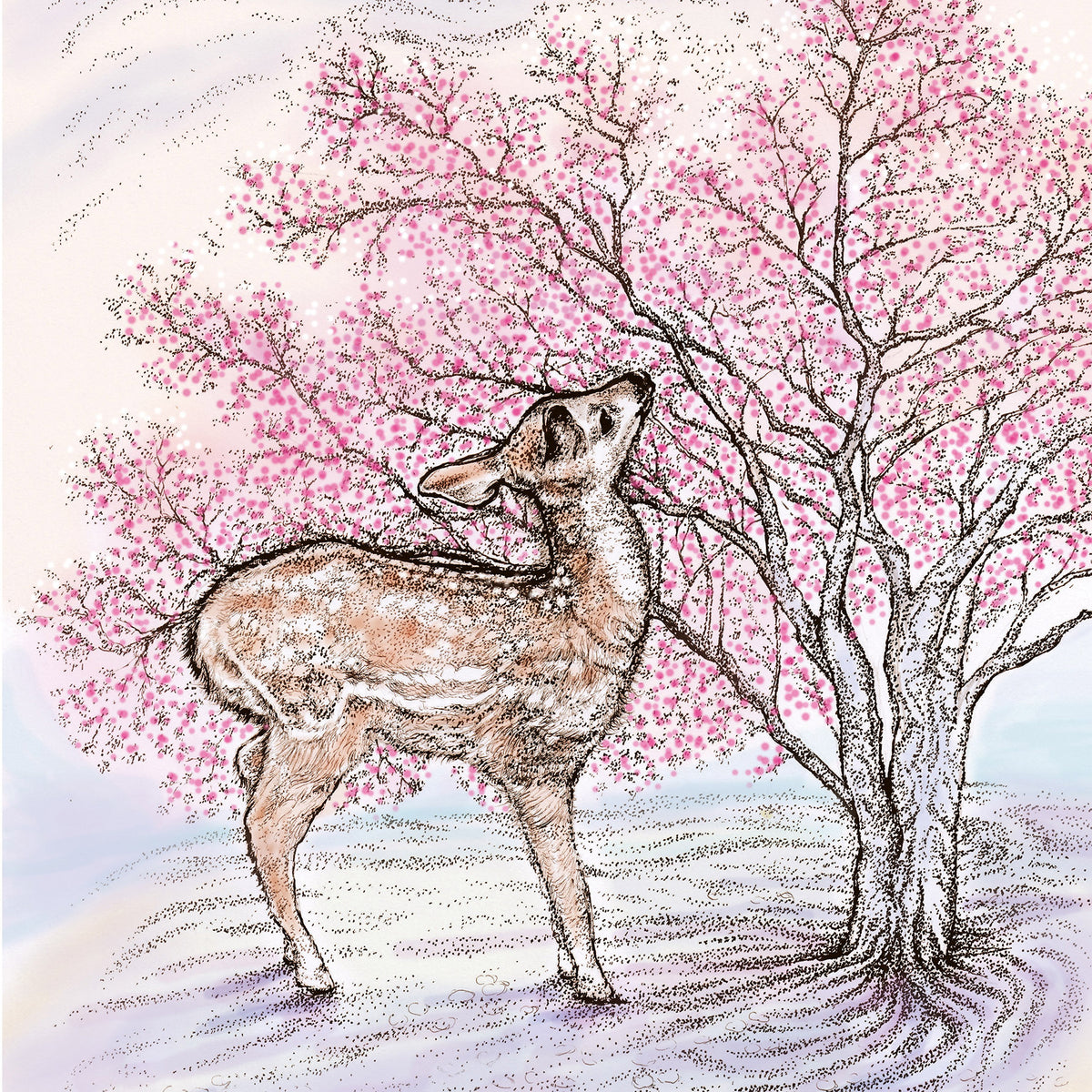 Deer Blossom Hand Drawn Art Blank Floral Greeting Card