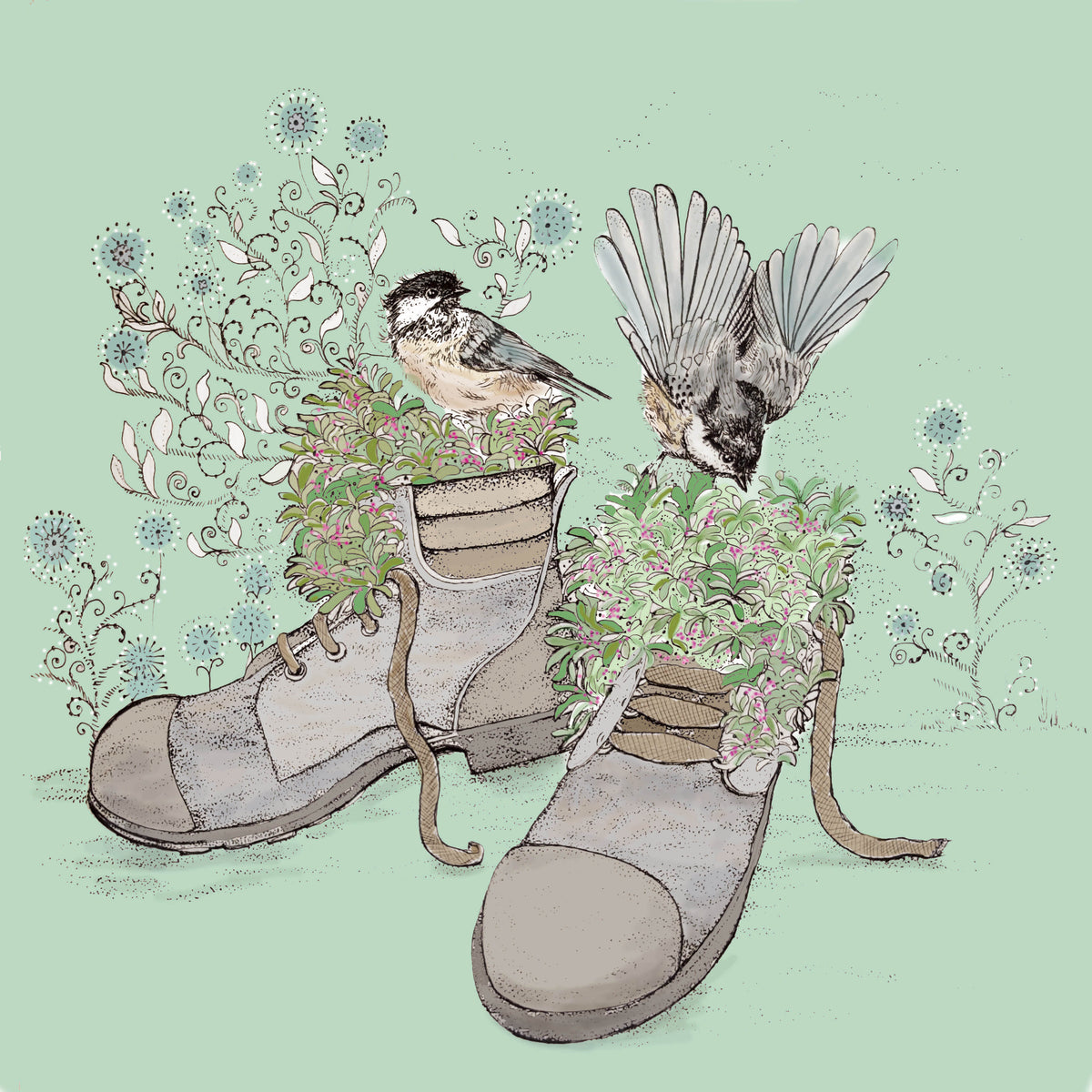 Coal Tits Boots Hand Drawn Bird Floral Blank Greeting Card