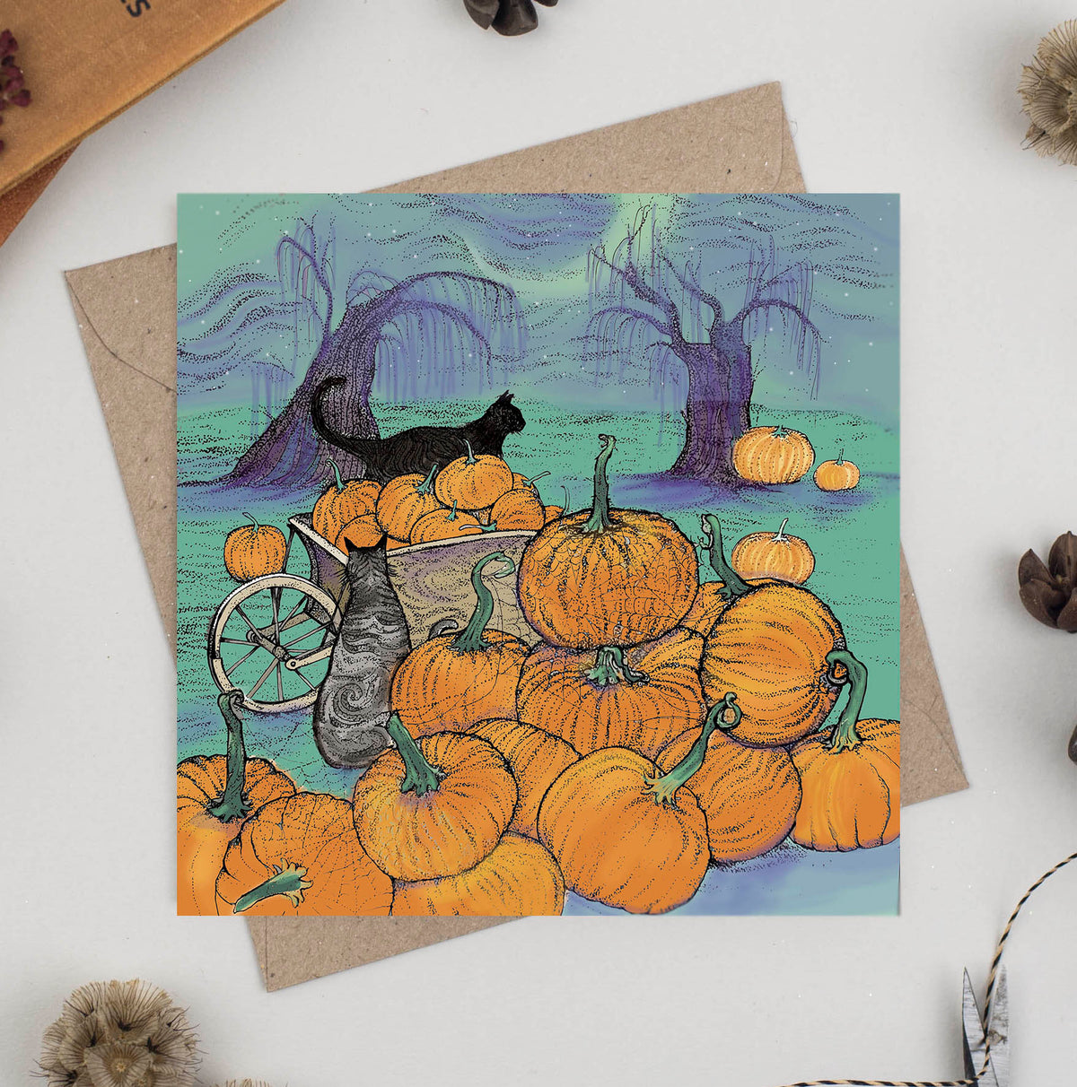 Cats and Pumpkins Halloween Blank Art Greeting Card
