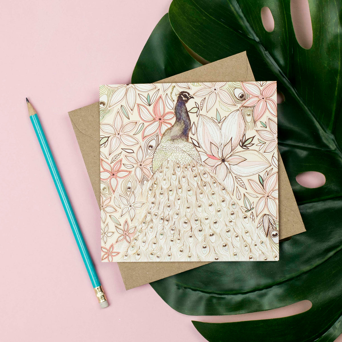 Peacock Flowers Hand Drawn Art Blank Bird Greeting Card