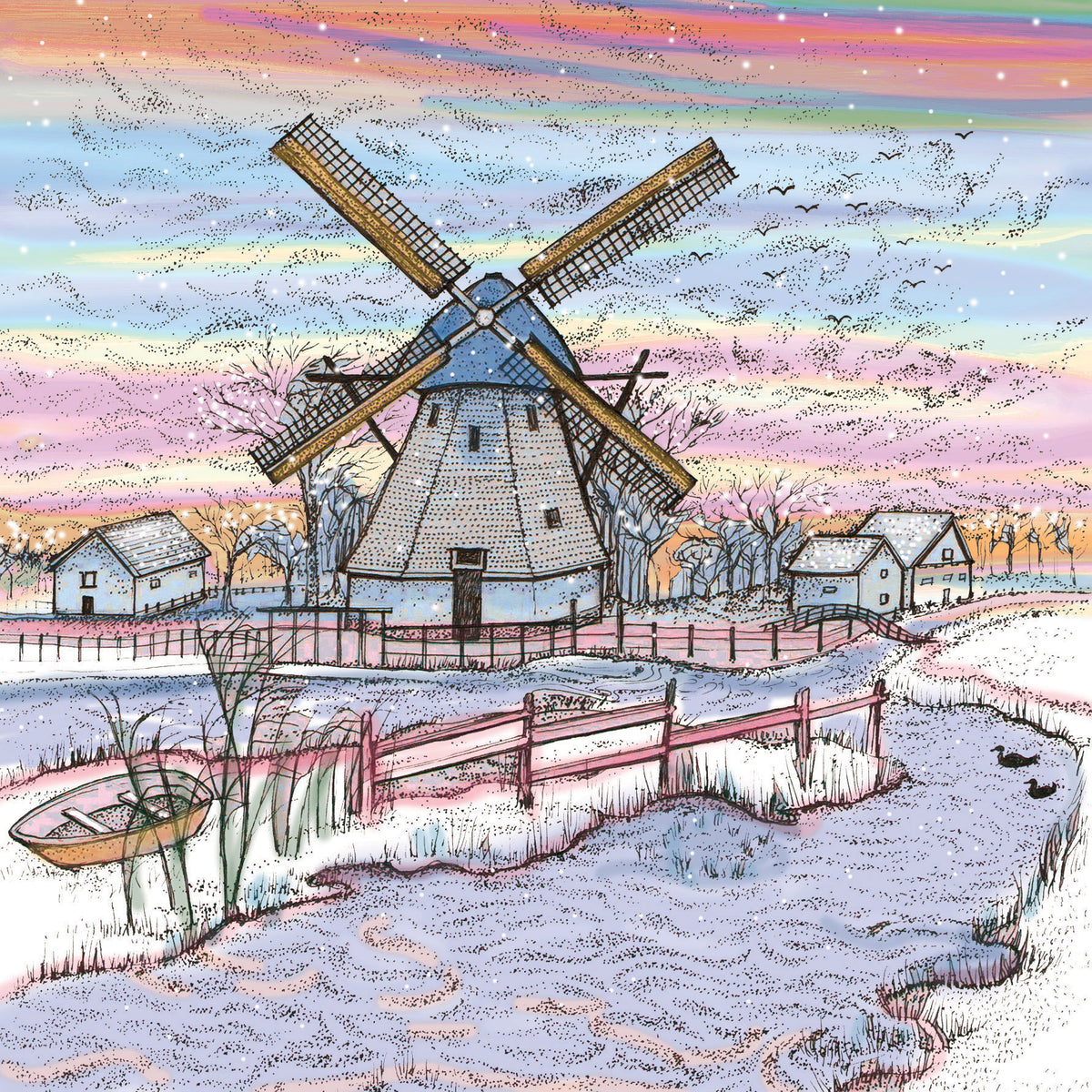 Windmill Hand Drawn Winter Blank Greeting Card