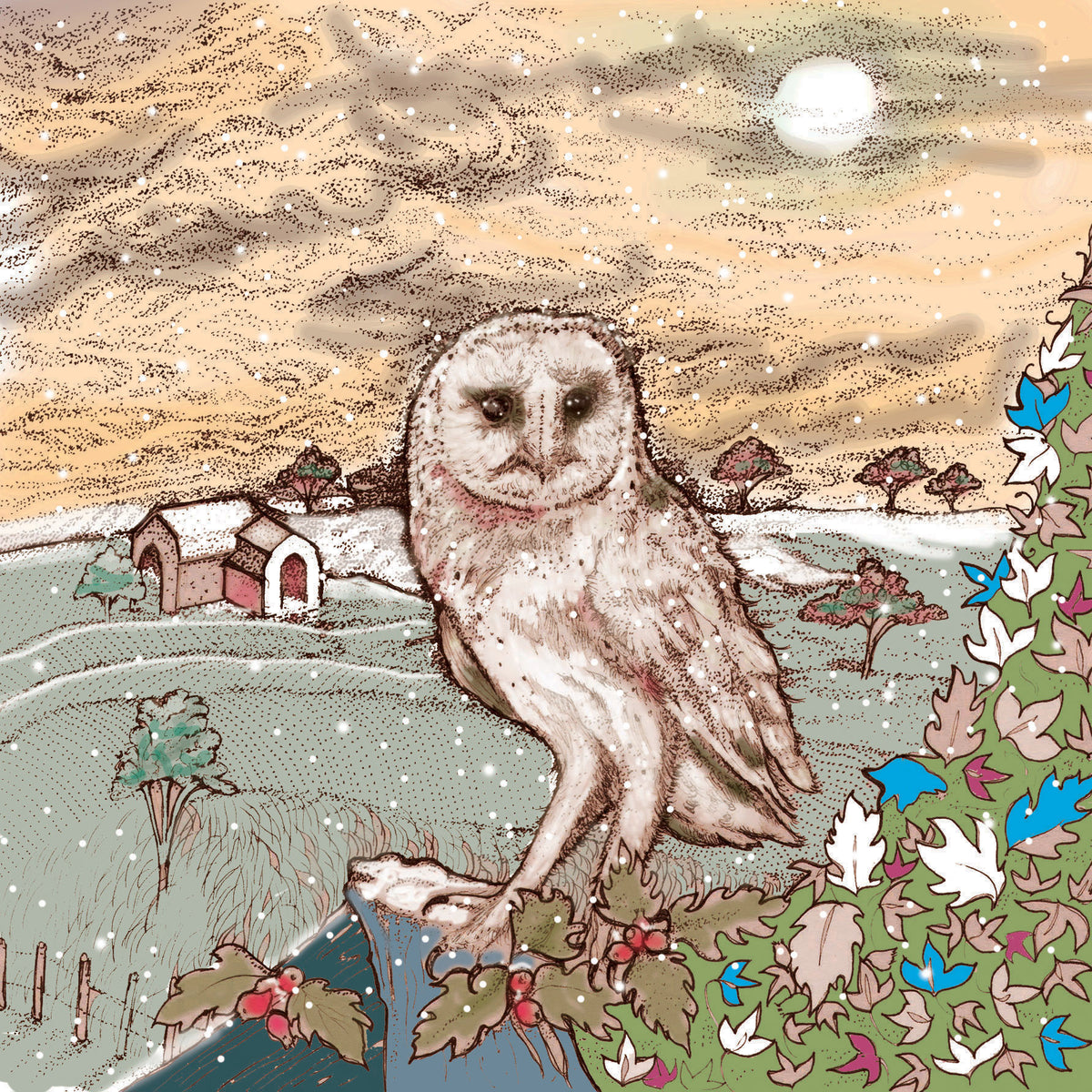 Owl Barn Hand Drawn Art Blank Christmas Greeting Card