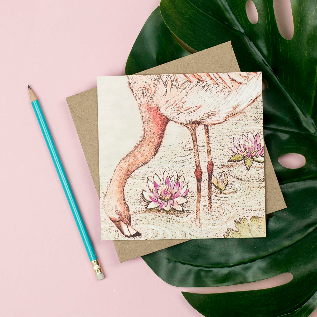 Flamingo Hand Drawn Art Blank Bird Greeting Card