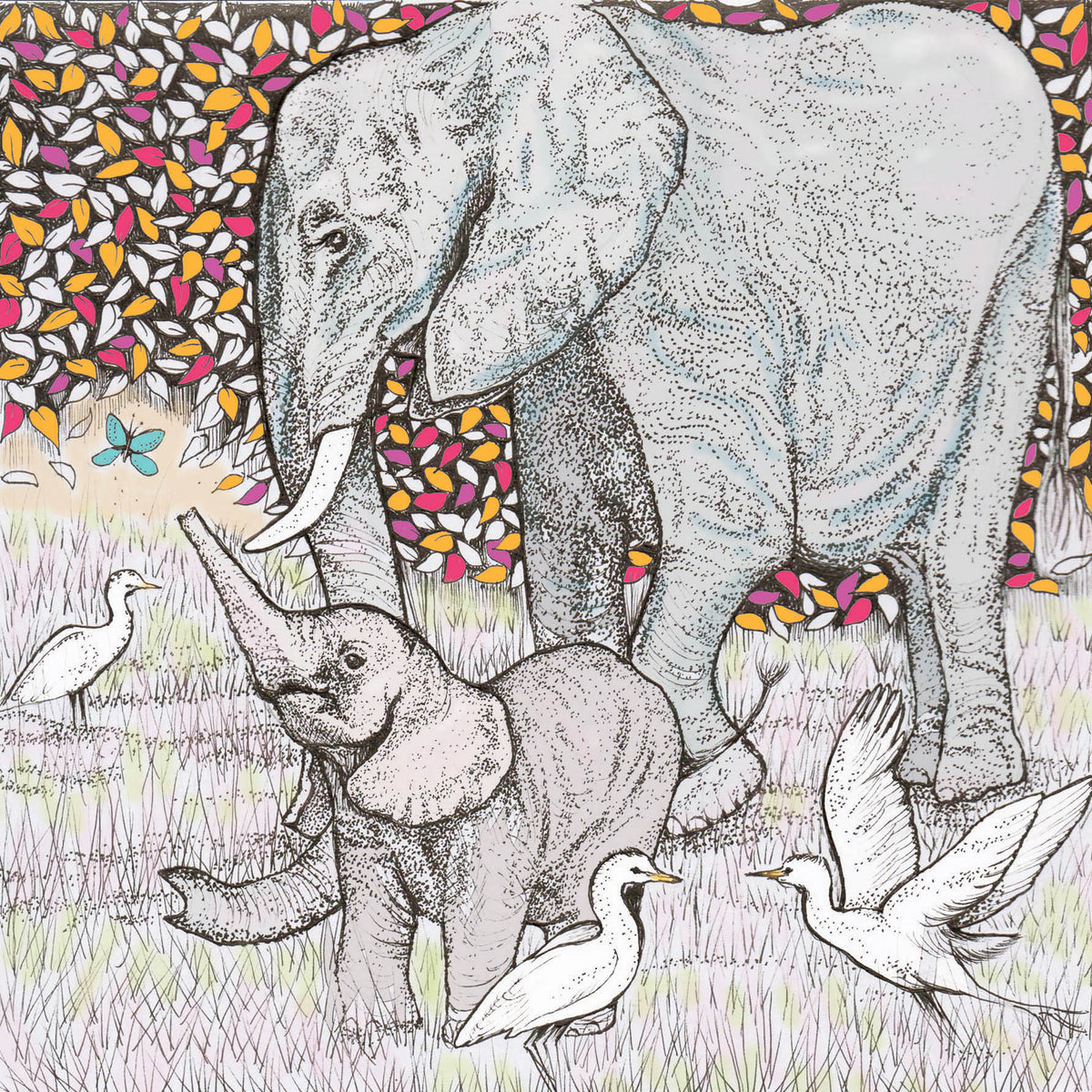 Elephants Butterfly Hand Drawn Art Blank Zoo Greeting Card