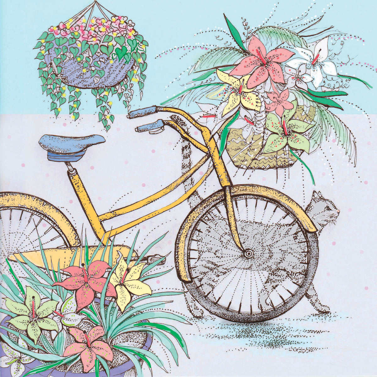 Cat and Bicycle Hand Drawn Floral Art Blank Greeting Card