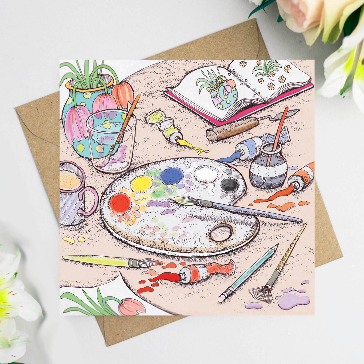 Artists Table Hand Drawn Art Blank Hobby Paint Greeting Card