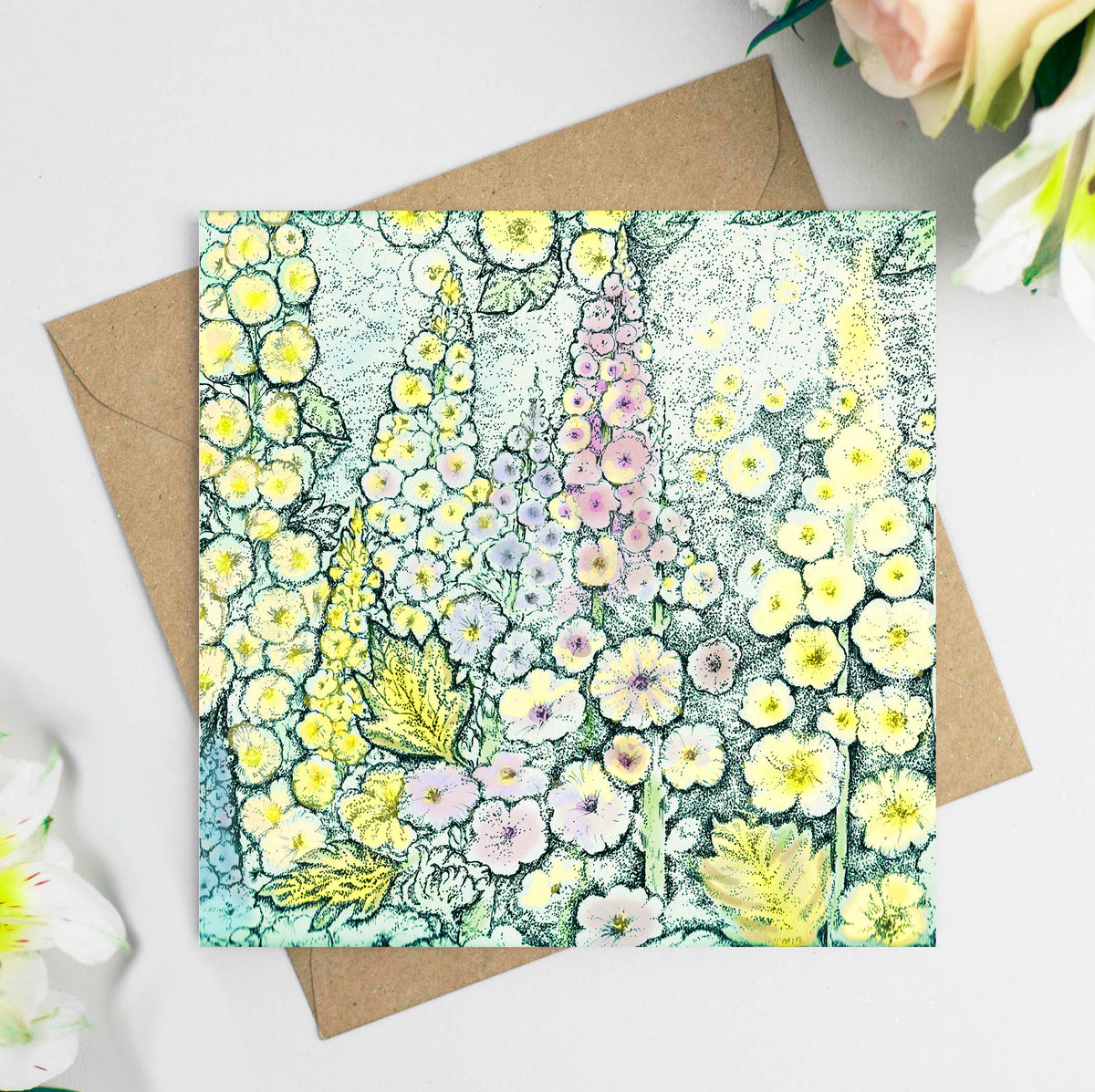 Delphiniums Hand Drawn Art Floral Blank Greeting Card