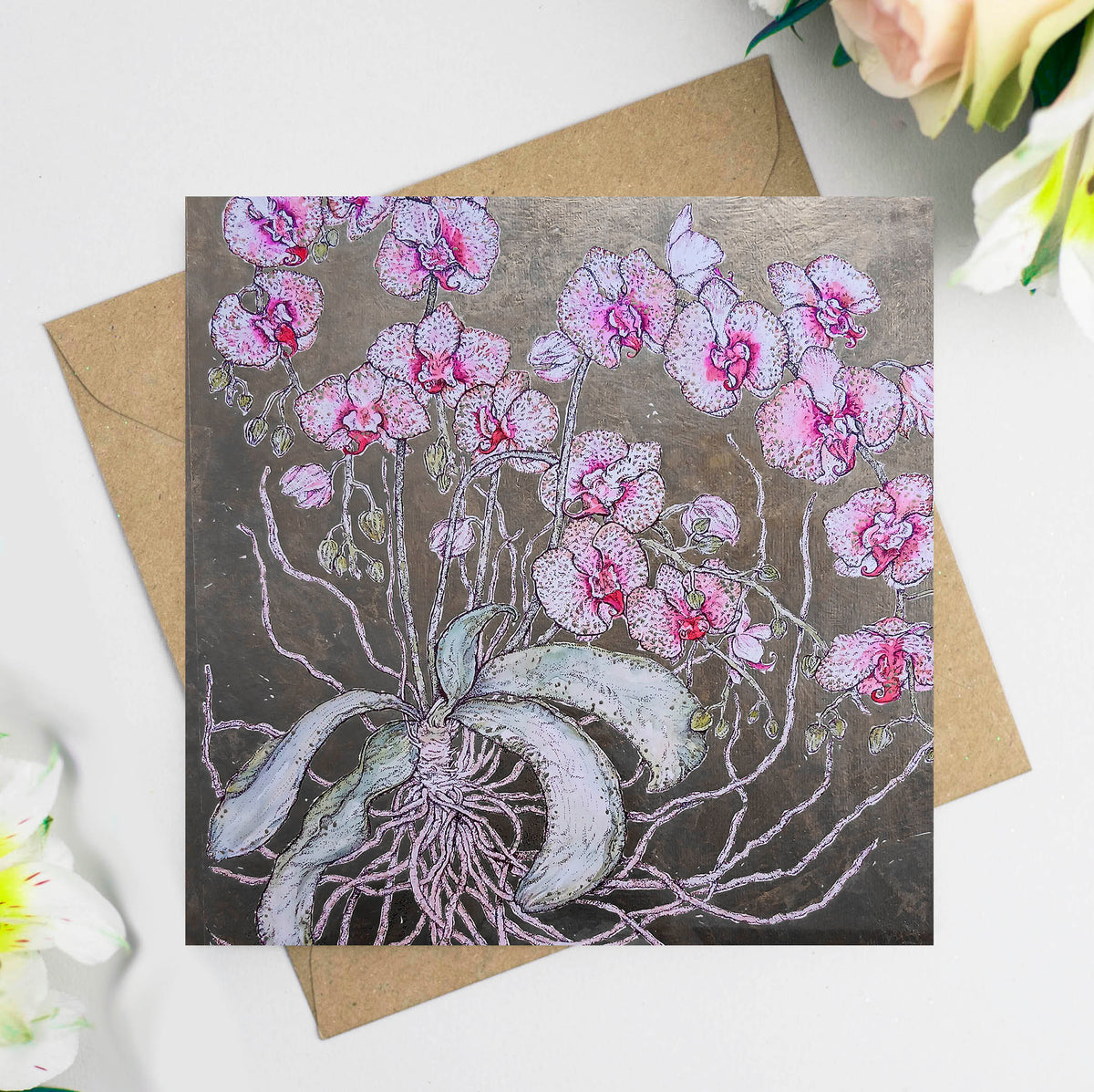 Large Orchid Hand Drawn Art Blank Floral Greeting Card