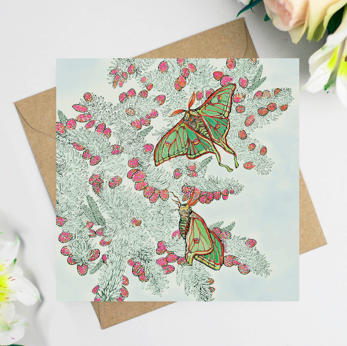 Moon Moth Hand Drawn Art Blank Nature Greeting Card