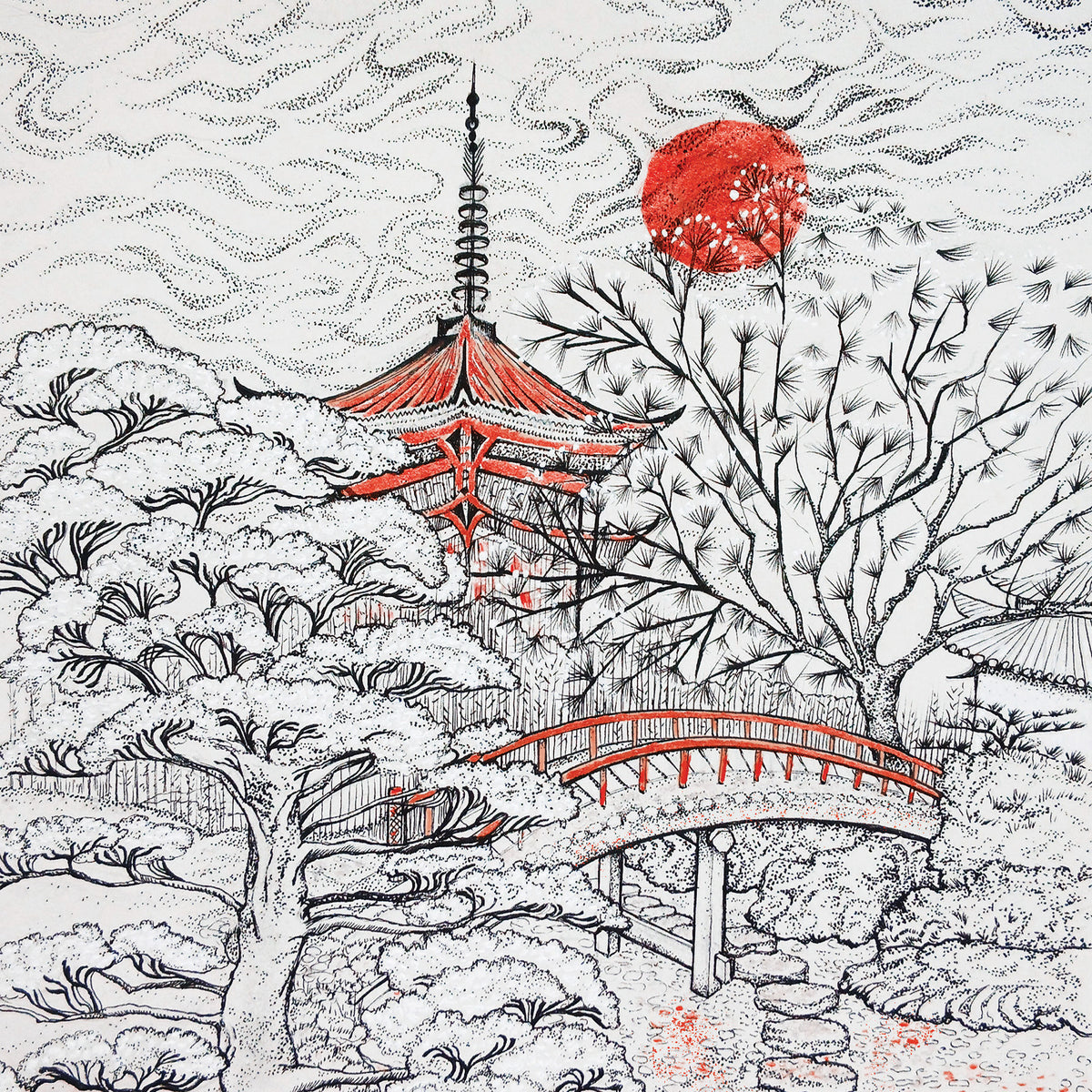 Red Pagoda Japan Hand Drawn Art Blank Greeting Card