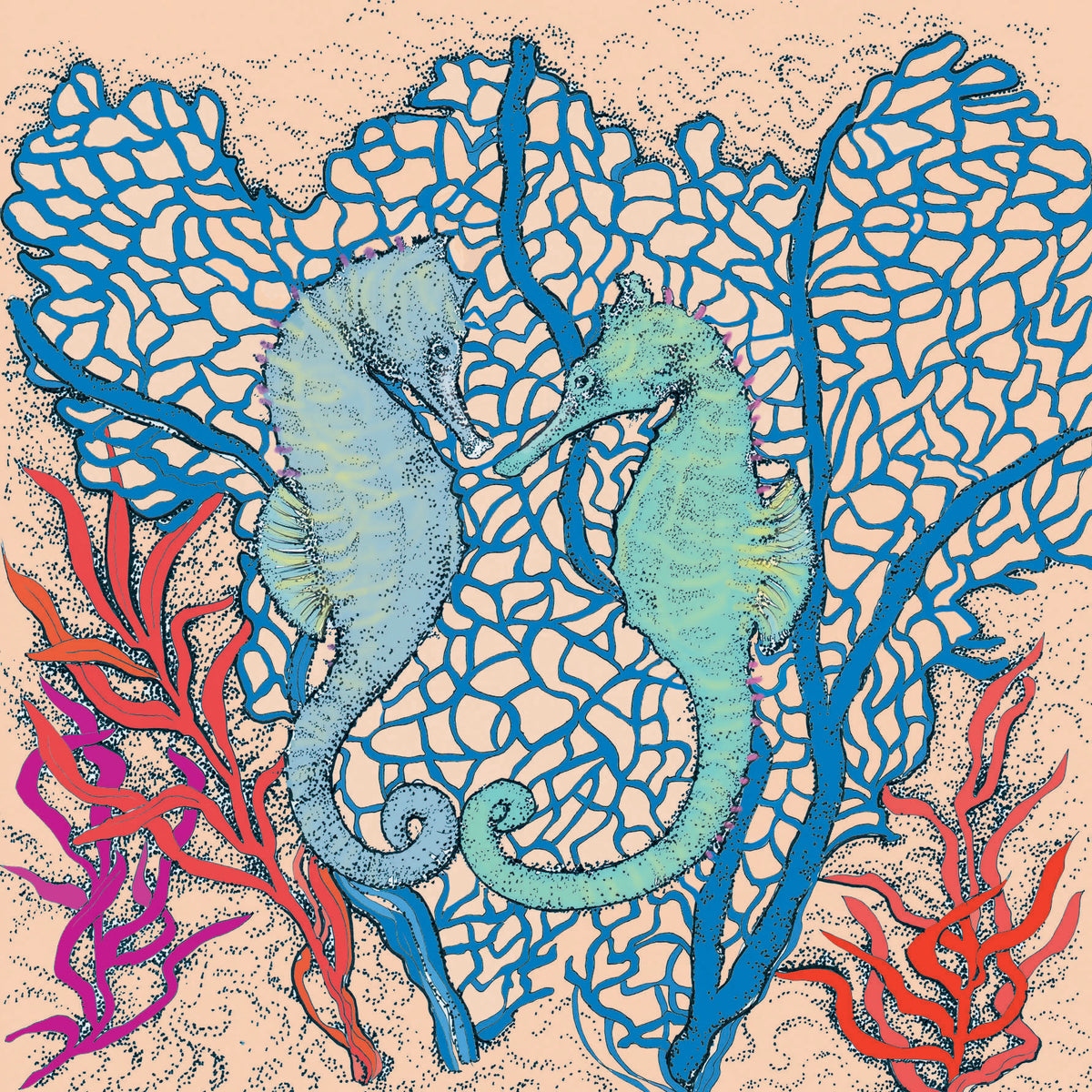 Seahorse Couple Coral Hand Drawn Art Blank Greeting Card