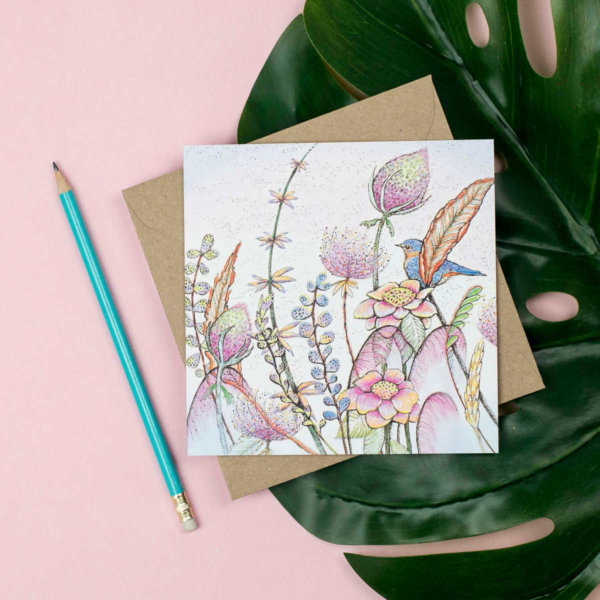 Bluebird Hand Drawn Wildlife Floral Art Blank Greeting Card