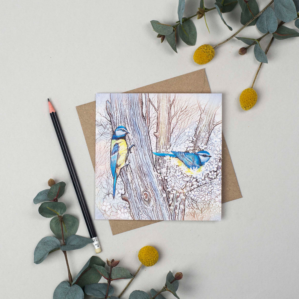 Blue Tits Tree Hand Drawn Wildlife Art Blank Greeting Card