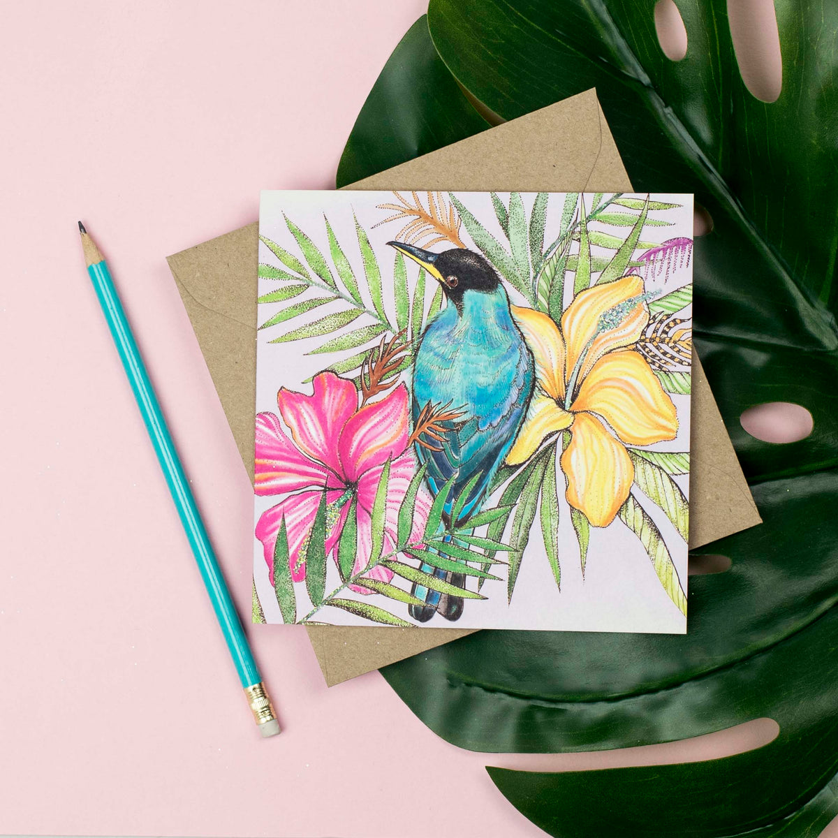 Honey Creeper Bird Hand Drawn Art Blank Tropic Greeting Card