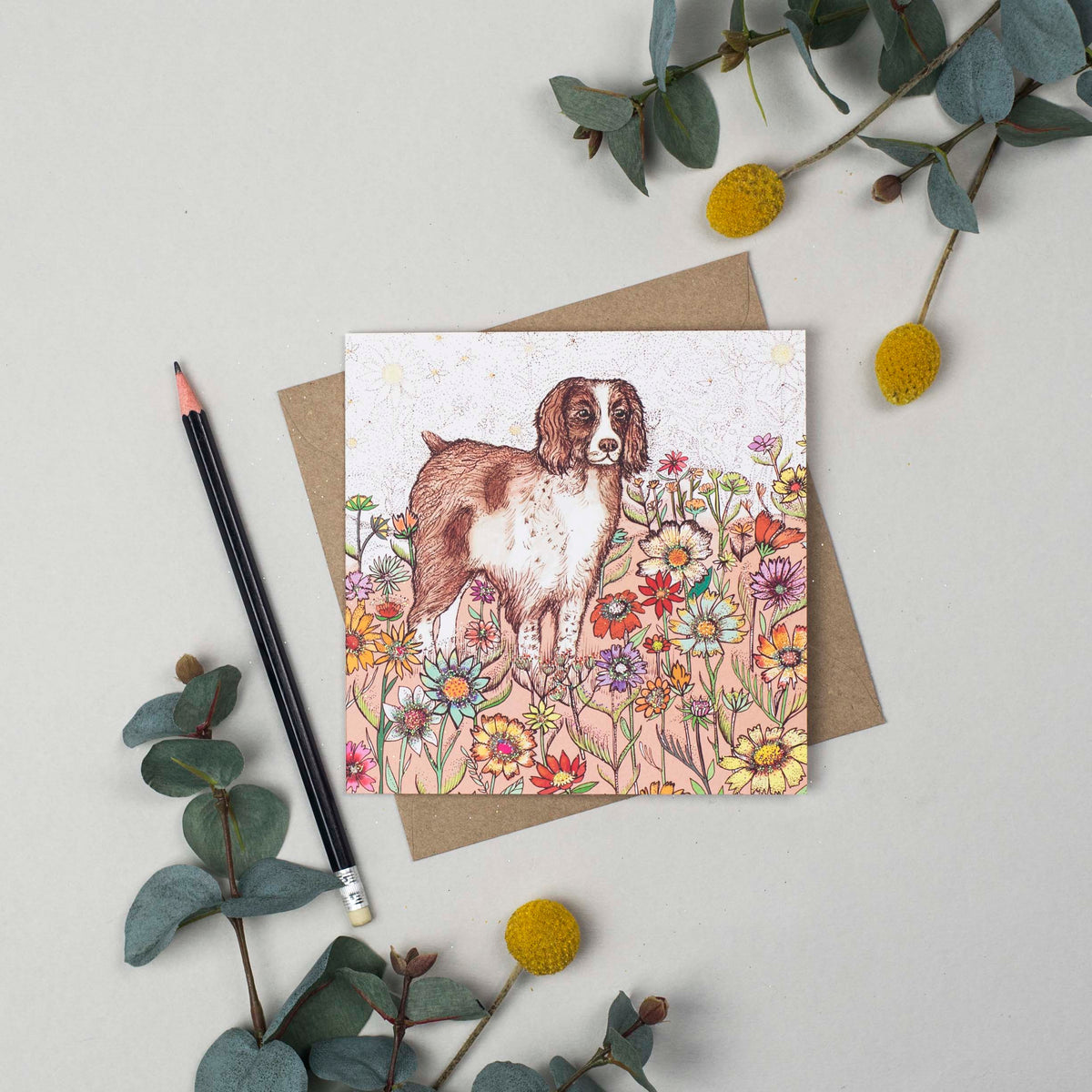 Spaniel Dog Flower Meadow Hand Drawn Blank Greeting Card