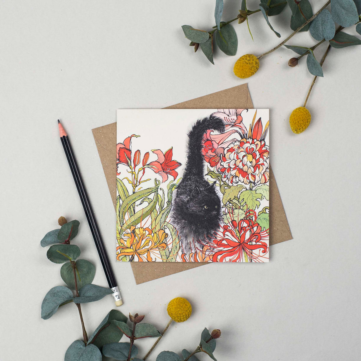 Black Cat Hand Drawn Wildlife Art Blank Greeting Card