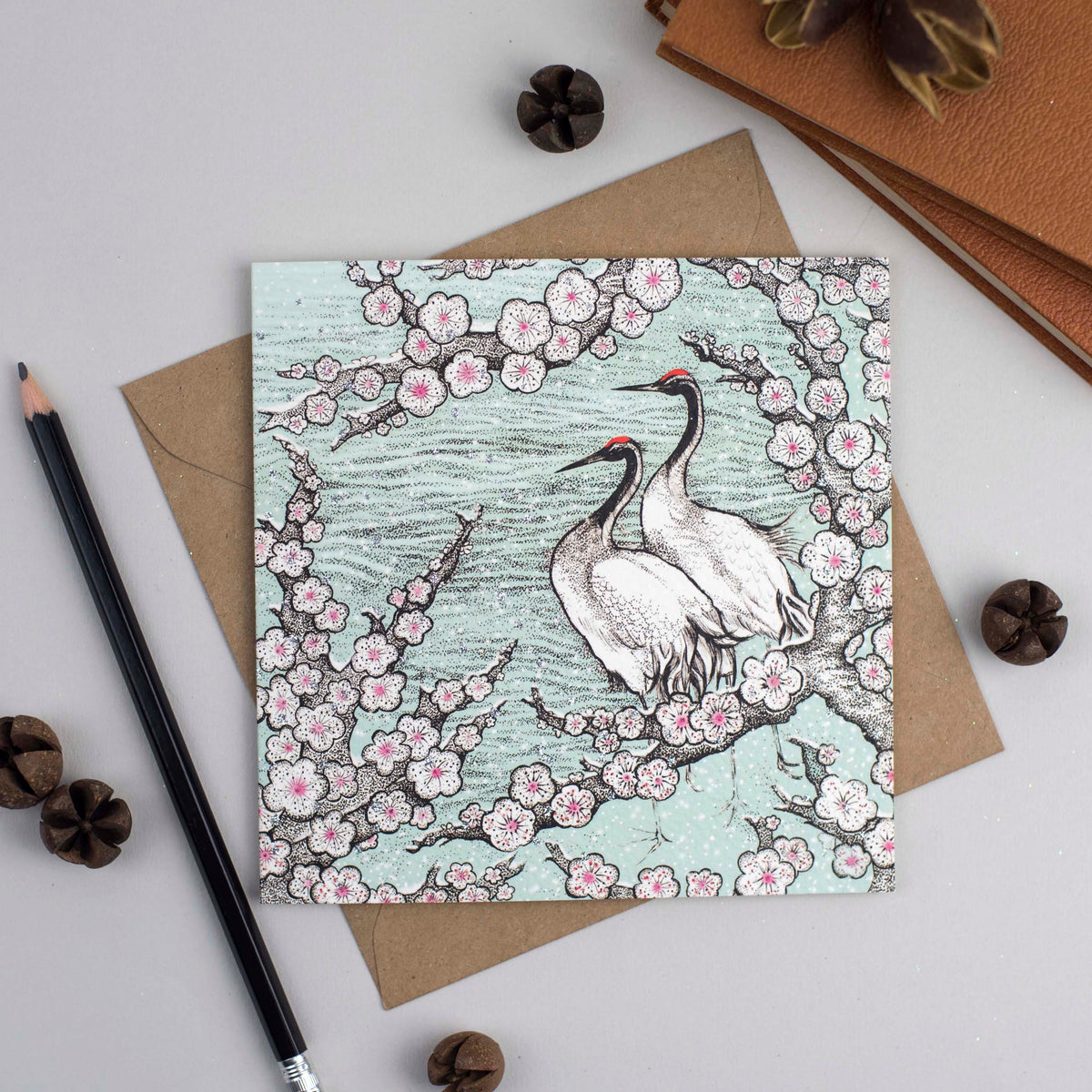 Cranes Couple Hand Drawn Floral Art Blank Bird Greeting Card