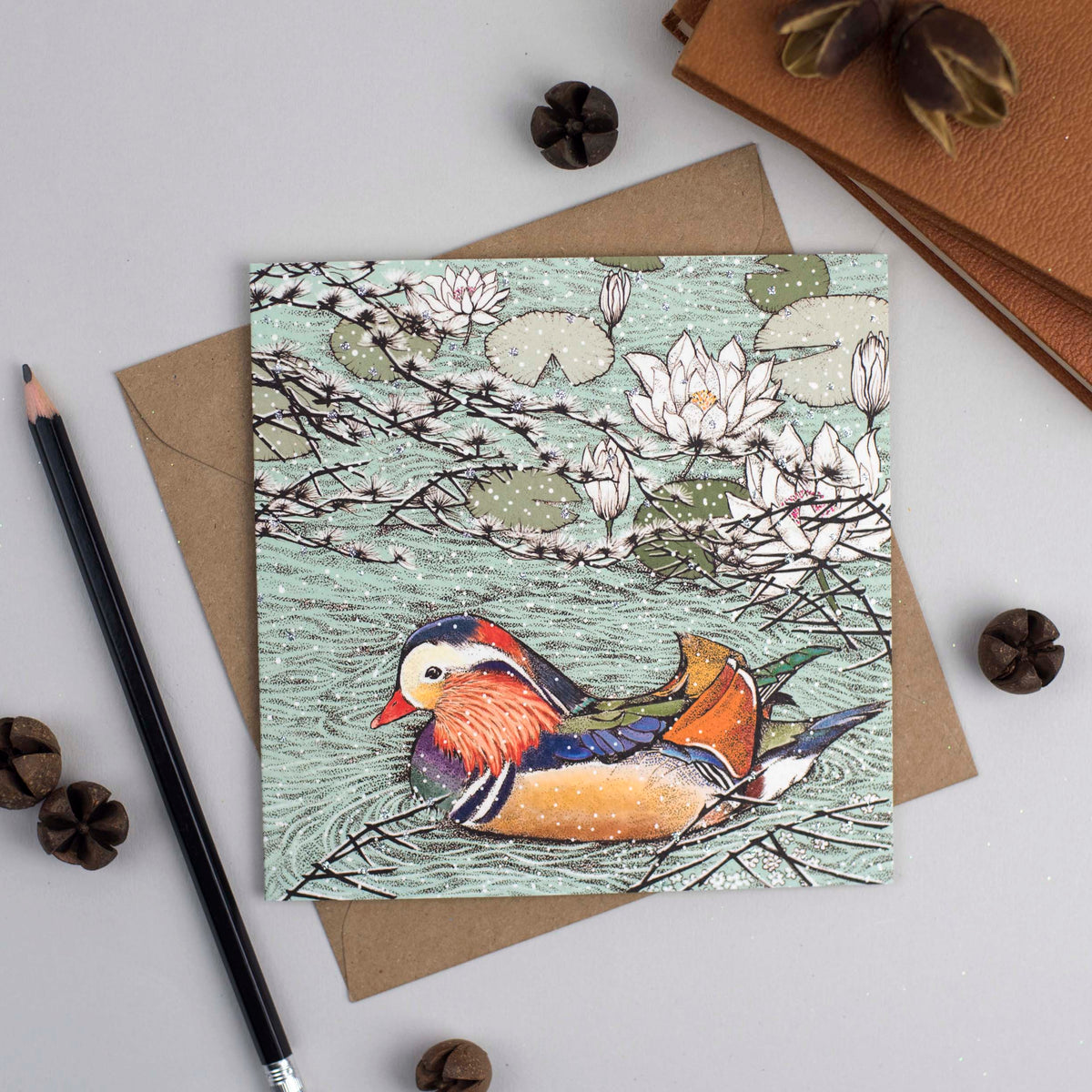 Mandarin Duck Hand Drawn Art Bird Blank Winter Greeting Card