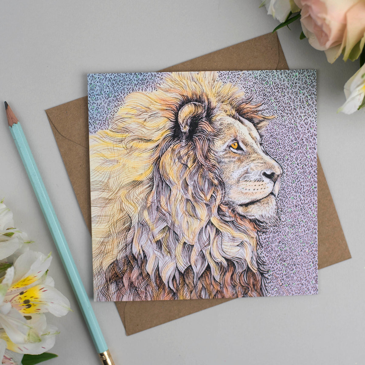Lion Hand Drawn Art Blank Zoo Safari Cat Greeting Card
