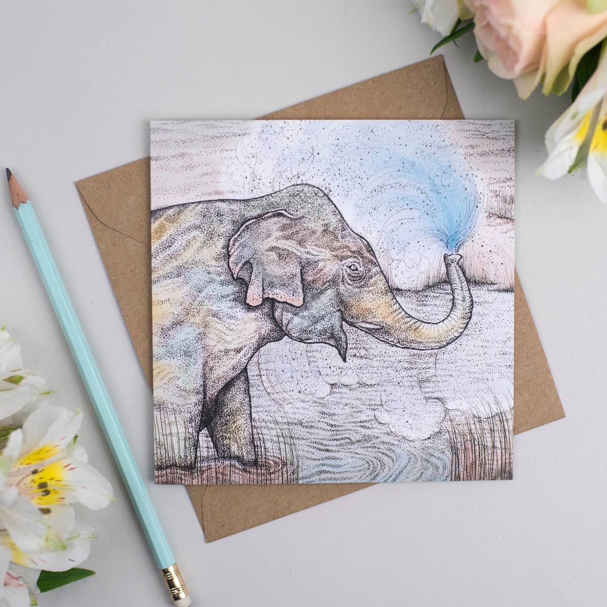 Splashing Elephant Hand Drawn Zoo Safari Blank Greeting Card
