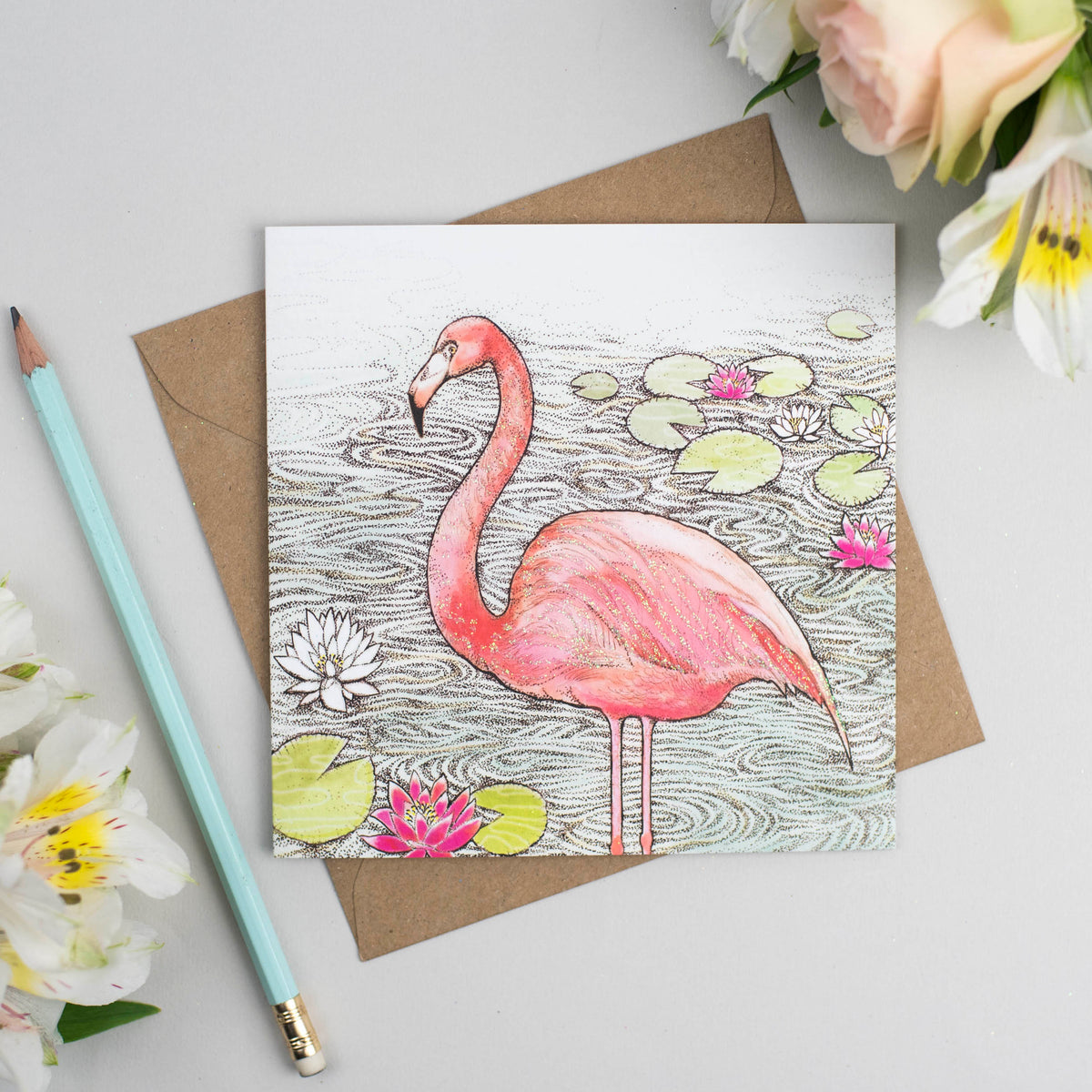Flamingo Lily Pads Hand Drawn Art Blank Bird Greeting Card