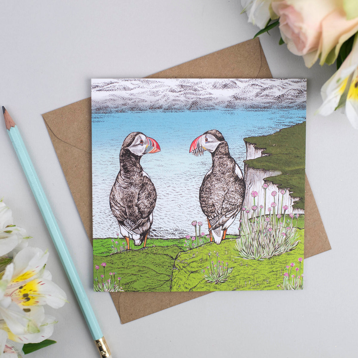 Puffins Hand Drawn Art Blank Wildlife Greeting Card