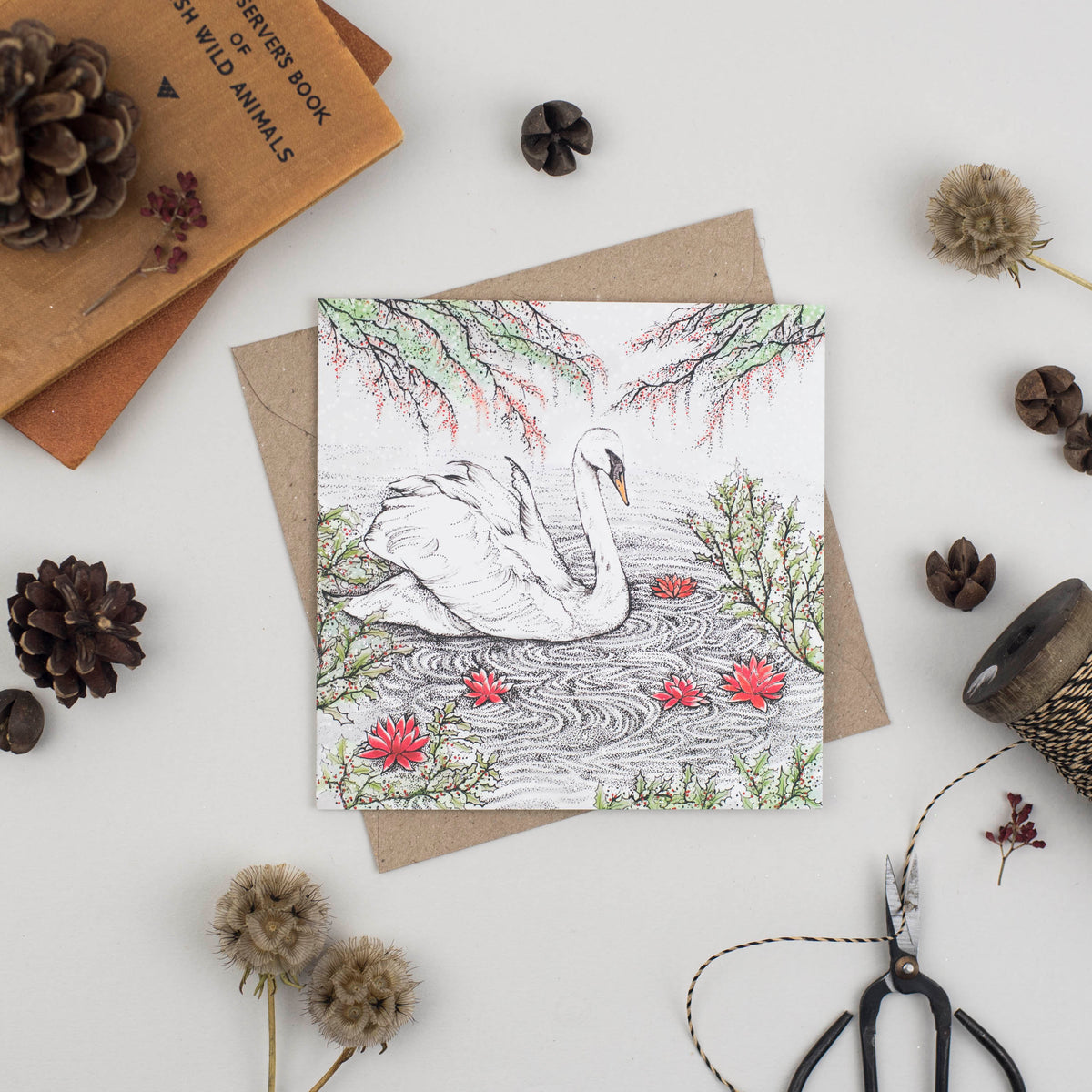 Swan Hand Drawn Bird Art Blank Winter Greeting Card