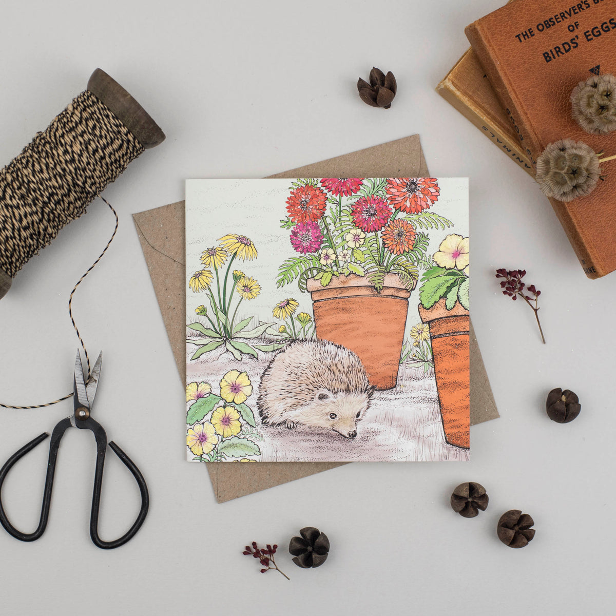 Hedgehog Hand Drawn Floral Art Nature Blank Greeting Card