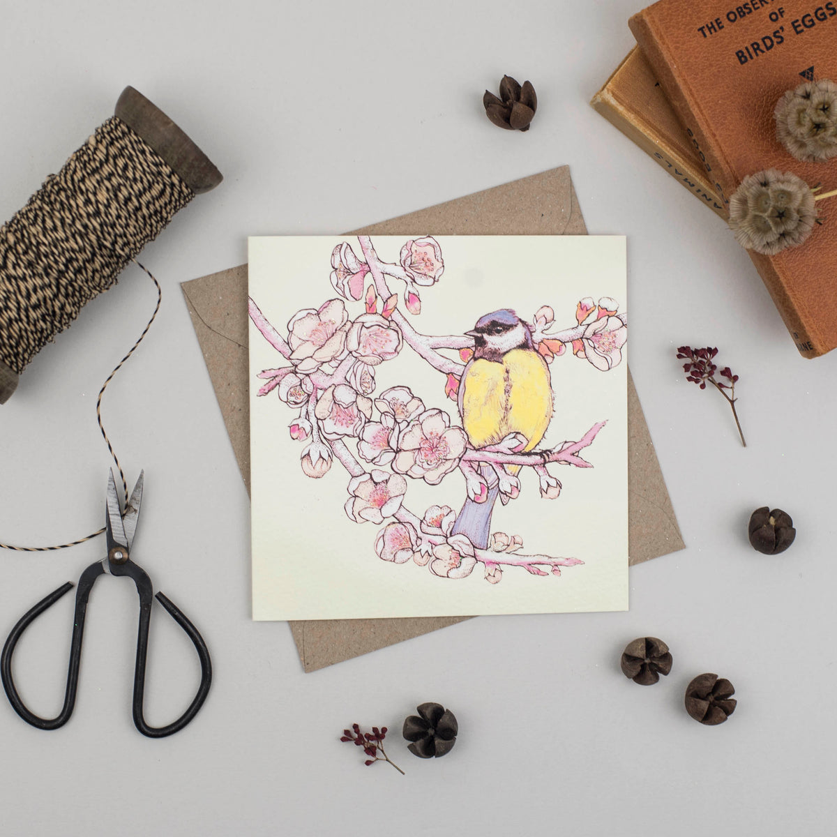Blue Tit Blossom Hand Drawn Wildlife Art Blank Greeting Card