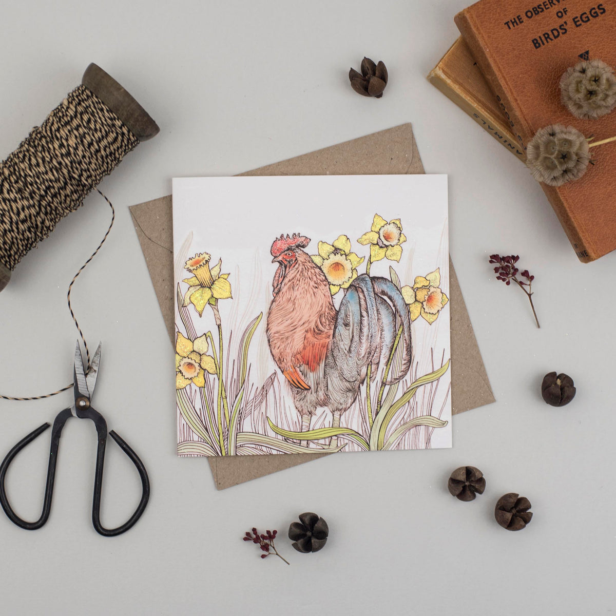 Cockerel Daffodils Hand Drawn Bird Art Blank Greeting Card