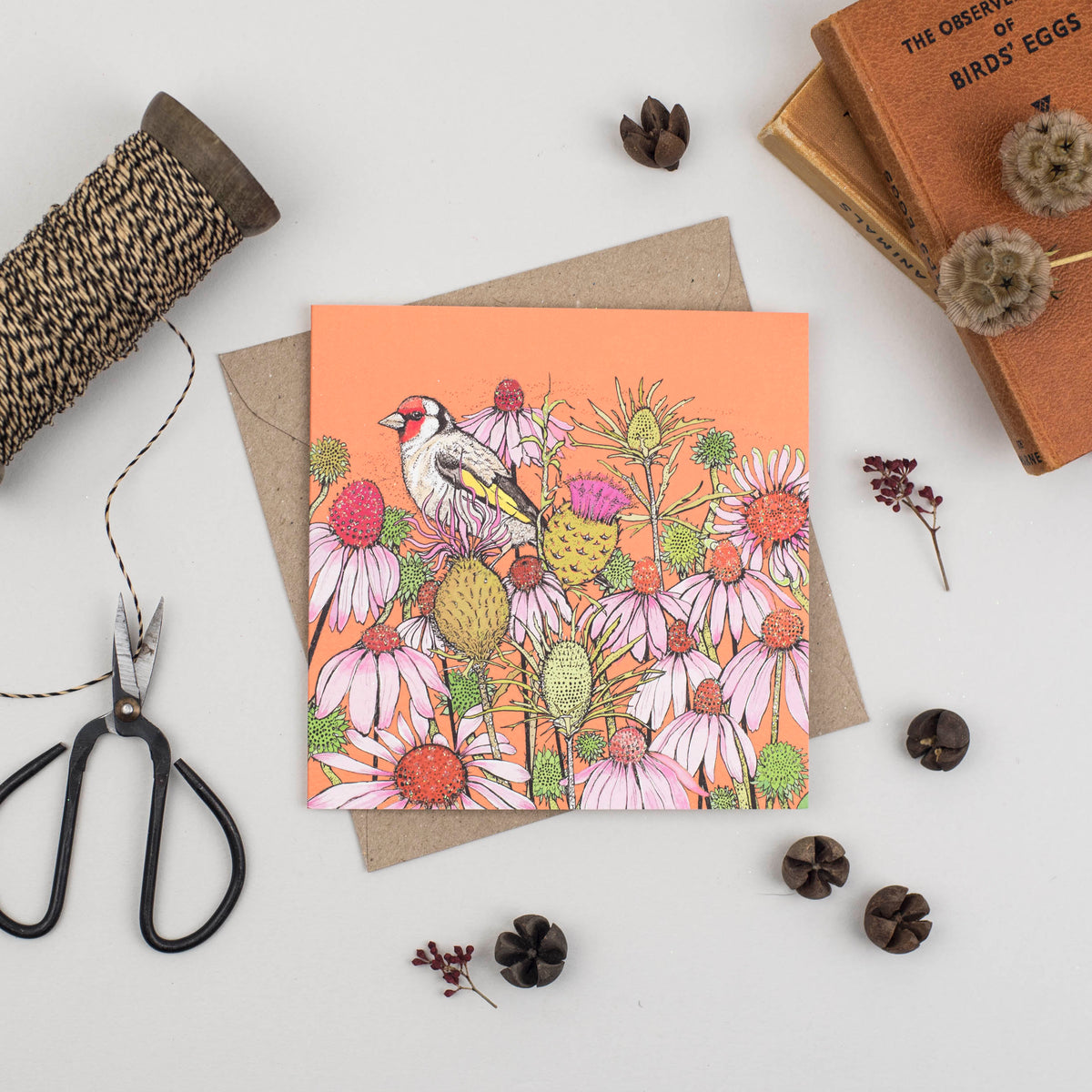 Goldfinch Coneflowers Hand Drawn Blank Bird Greeting Card