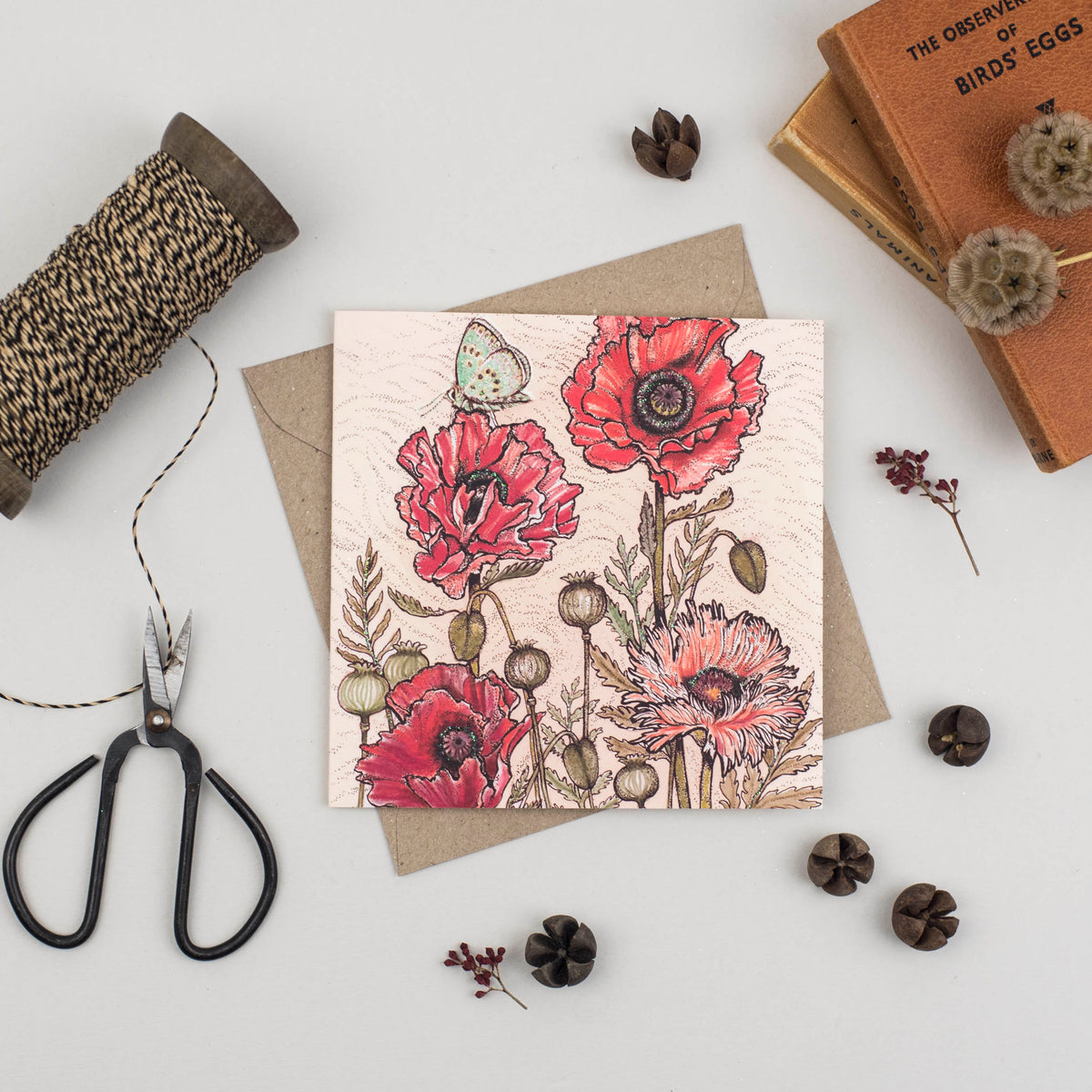 Poppies Butterfly Hand Drawn Art Blank Floral Greeting Card
