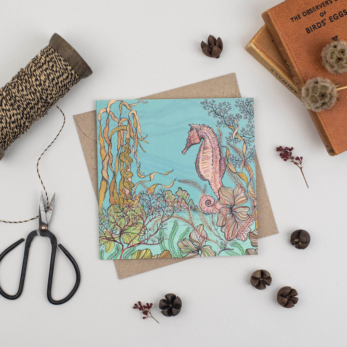 Seahorse Seaweed Hand Drawn Art Blank Greeting Card