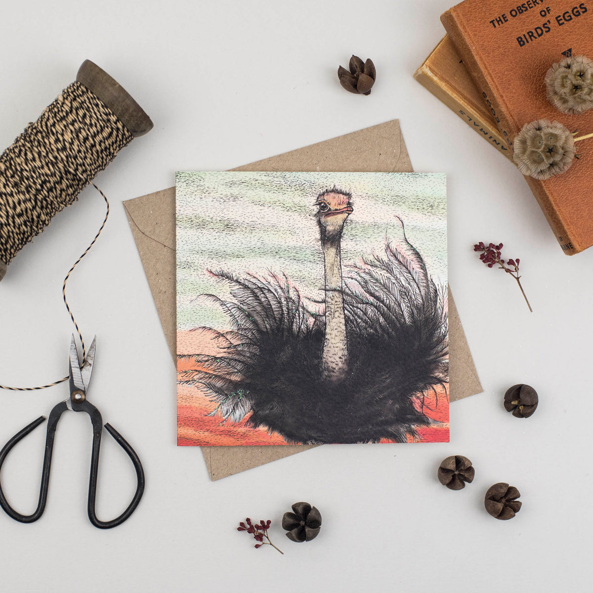 Ostrich Hand Drawn Art Bird Safari Zoo Blank Greeting Card