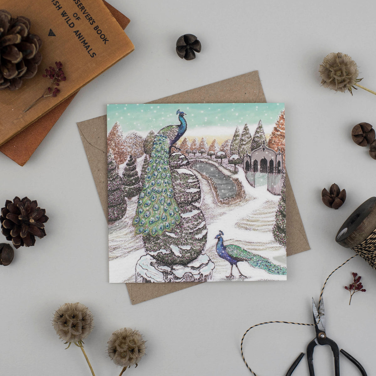 Rococo Garden and Peacocks Winter Greeting Card