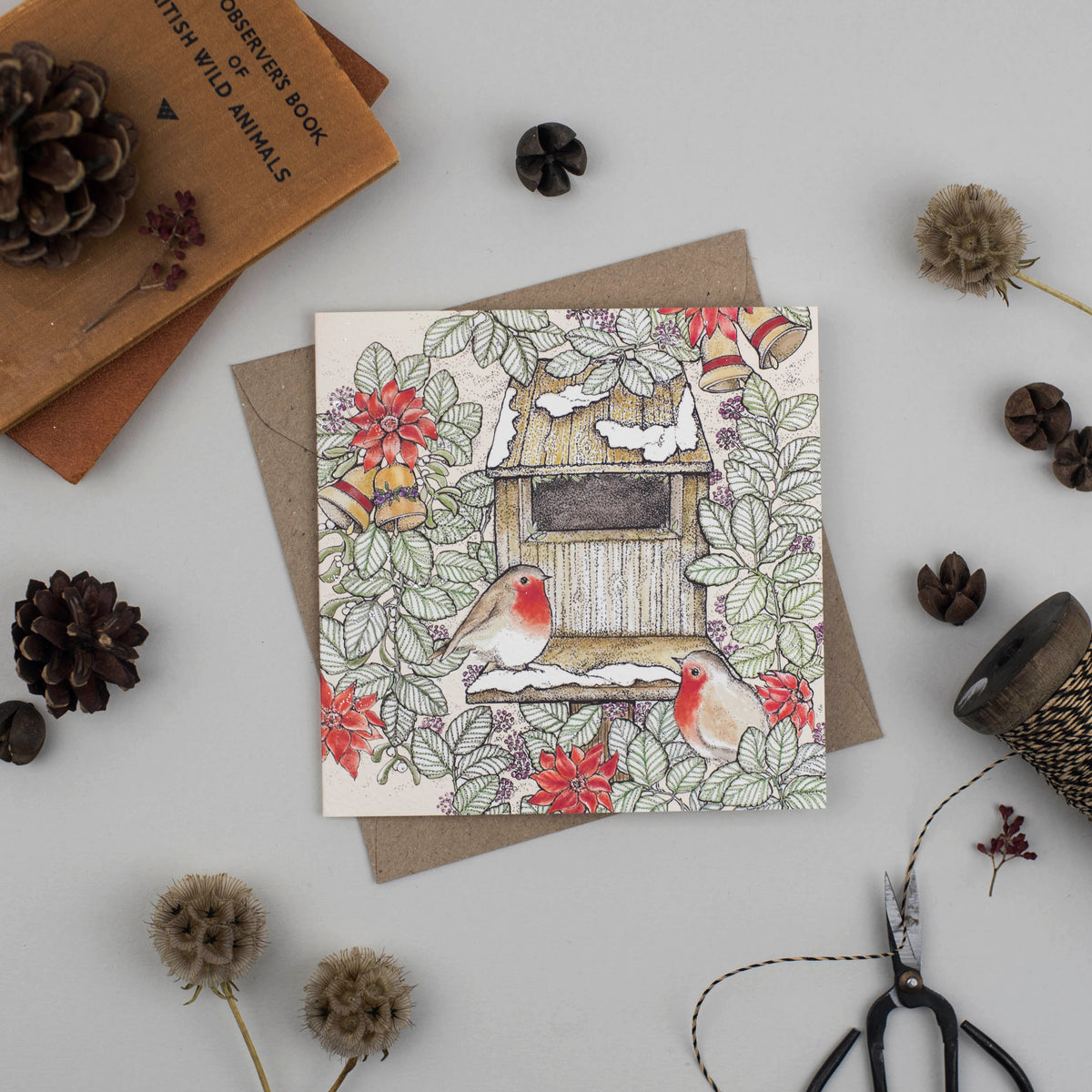 Nesting Box Hand Drawn Robins Blank Christmas Greeting Card