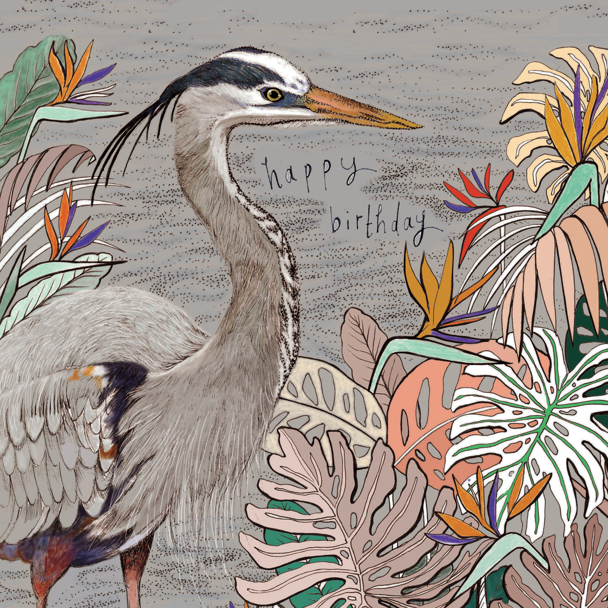 Happy Birthday Heron Hand Drawn Blank Greeting Card