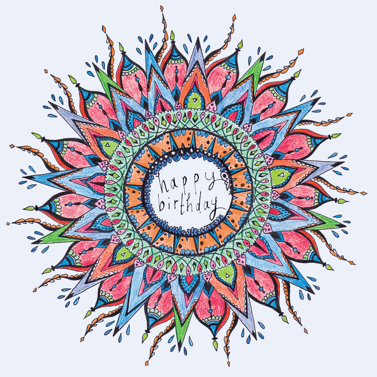 Rainbow Mandala Hand Drawn Art Blank Birthday Greeting Card