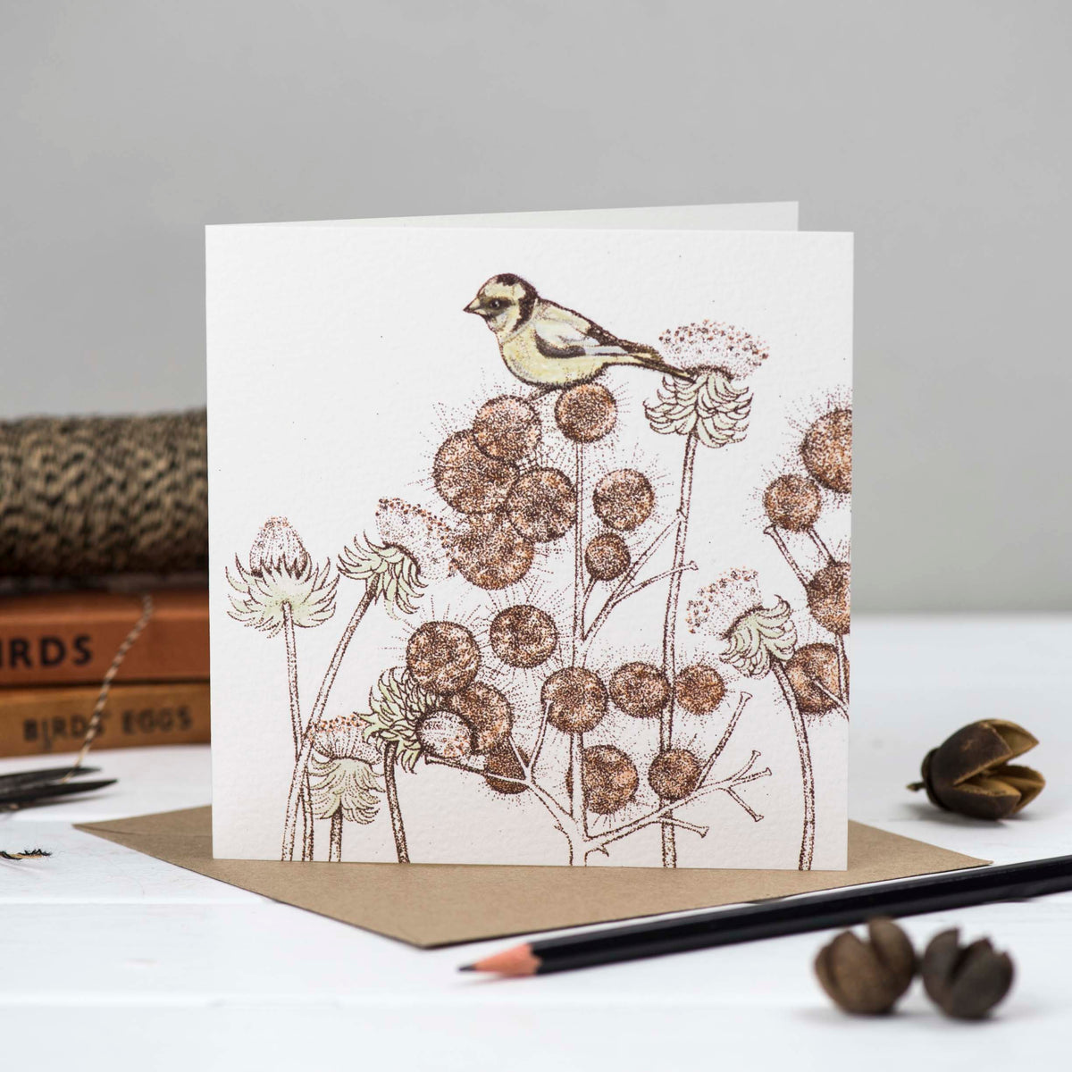 Thistles Hand Drawn Art Blank Bird Greeting Card