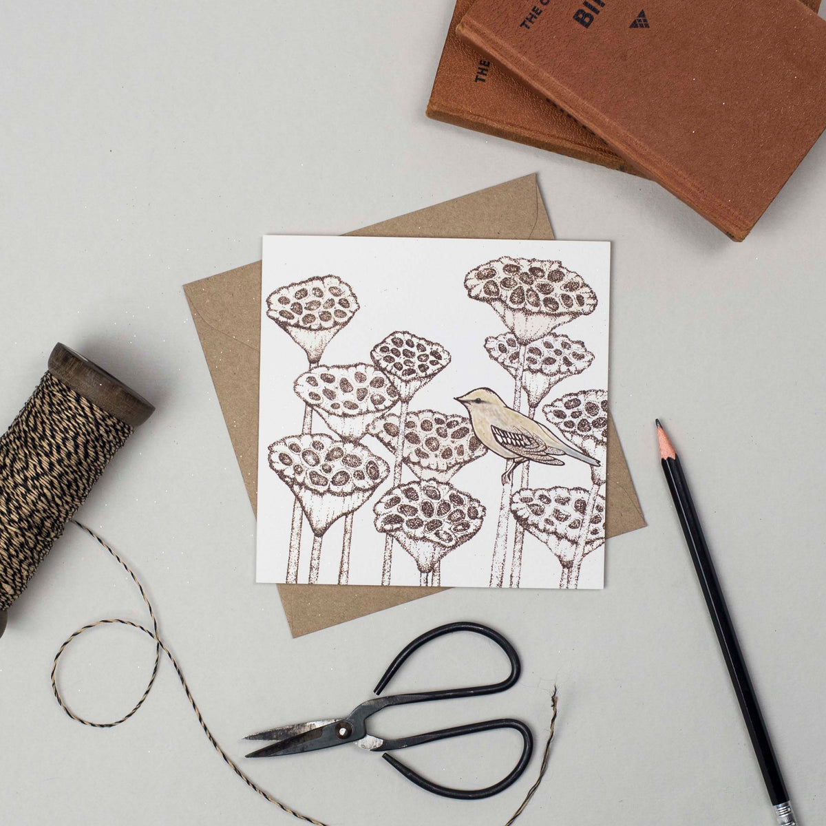 Lotus Pods Hand Drawn Bird Art Blank Greeting Card
