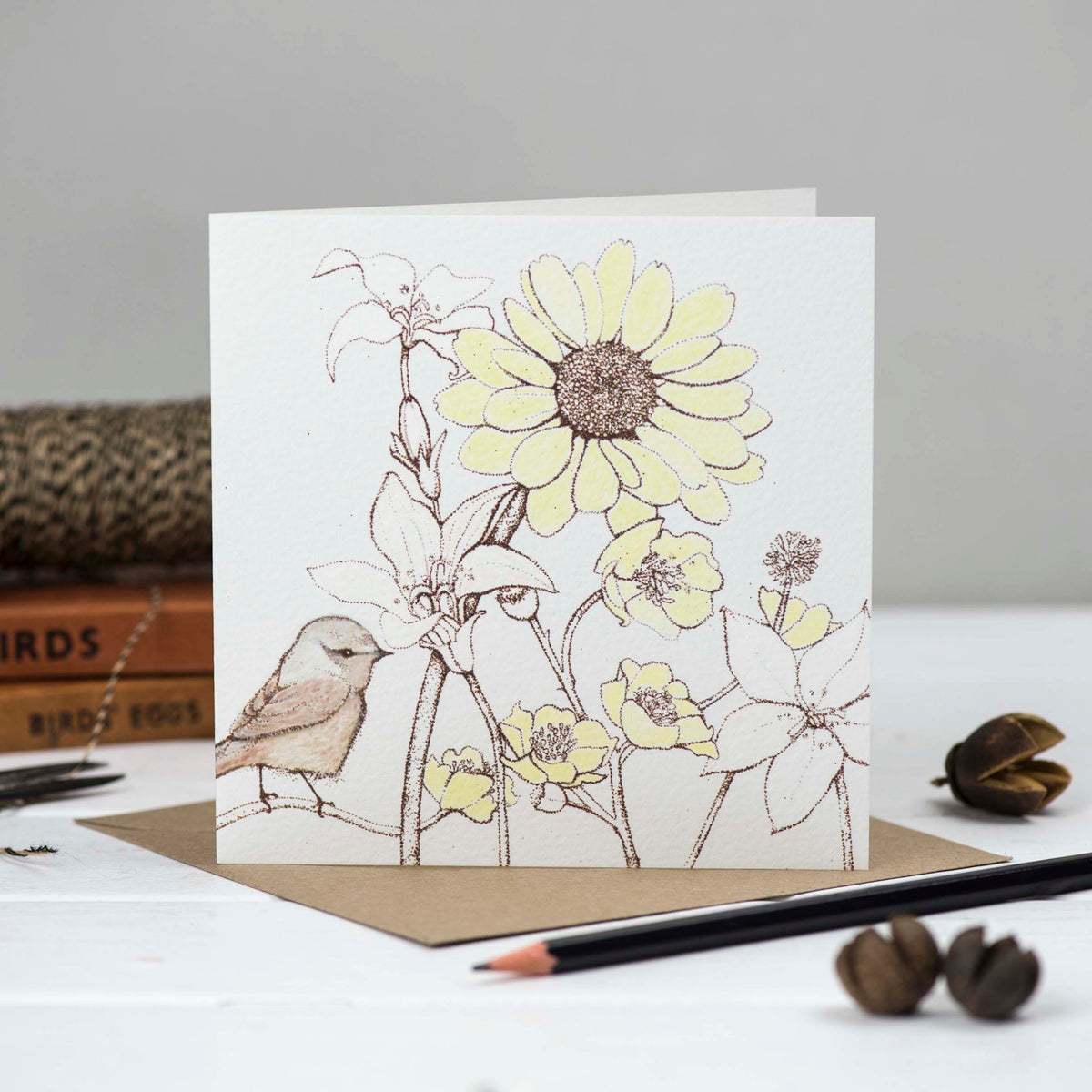 Buttercup Hand Drawn Flower Art Blank Bird Greeting Card