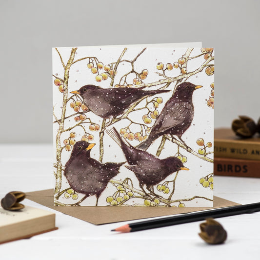 Blackbirds Hand Drawn Wildlife Art Blank Greeting Card
