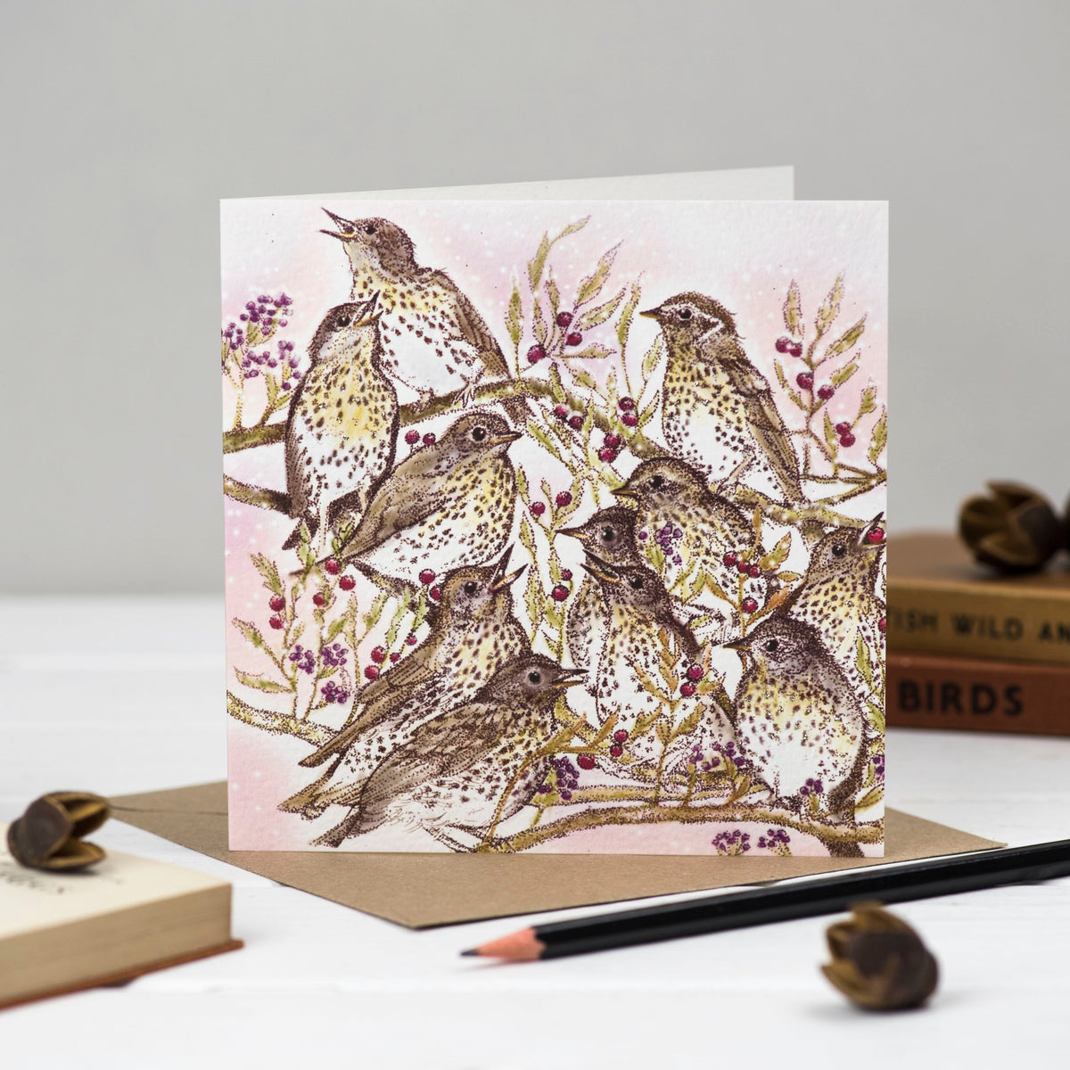Song Thrushes Hand Drawn Birds Blank Christmas Greeting Card